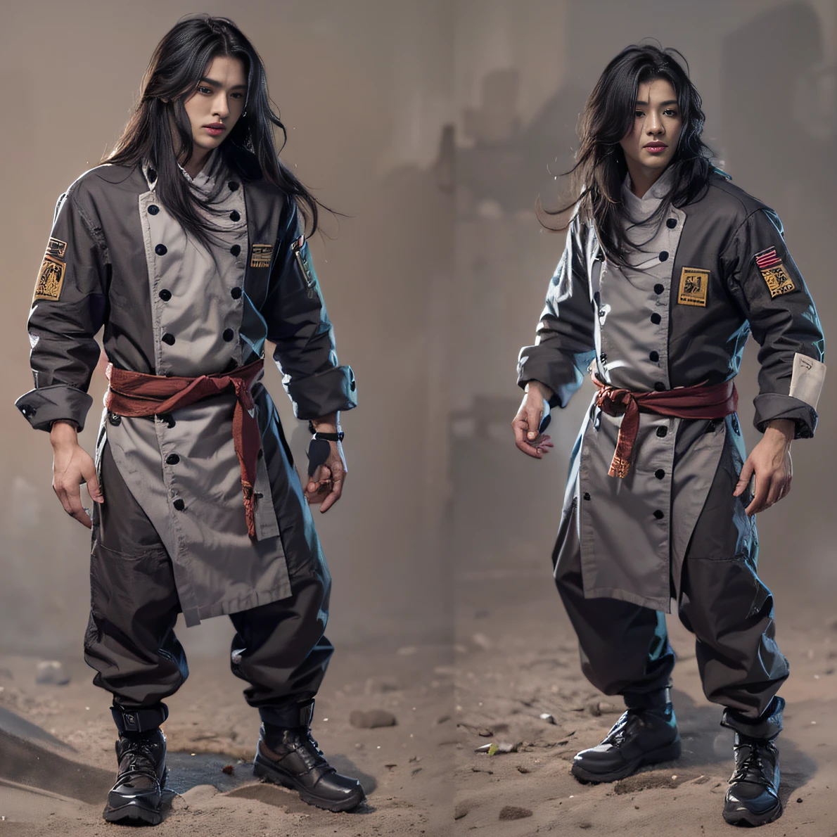 Full body male chef 32K（tmasterpiece，k hd，hyper HD，32K）Long flowing black hair，Camping area，zydink， a color， patriot （canyons）， （Linen batik scarf）， Combat posture， looking at the ground， Linen bandana， Chinese python pattern long-sleeved garment， （Abstract gouache splash：1.2）， Dark clouds lightning background，Flour flies（realisticlying：1.4），Black color hair，Flour fluttering，Background fog， A high resolution， the detail， RAW photogr， Sharp Re， Nikon D850 Film Stock Photo by Jefferies Lee 4 Kodak Portra 400 Camera F1.6 shots, Rich colors, ultra-realistic vivid textures, Dramatic lighting, Unreal Engine Art Station Trend, cinestir 800，Flowing black hair,（（（Male chef）））With his eyes closed