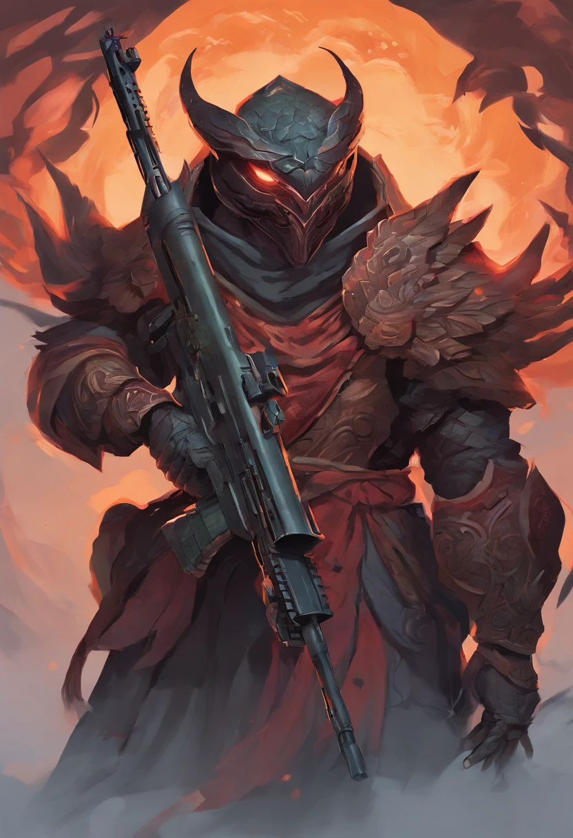 Holding a HK416 rifle, The face of Qiu Tianwang, Tengu Mask, Black bold outline style, Jagged edges, White background
