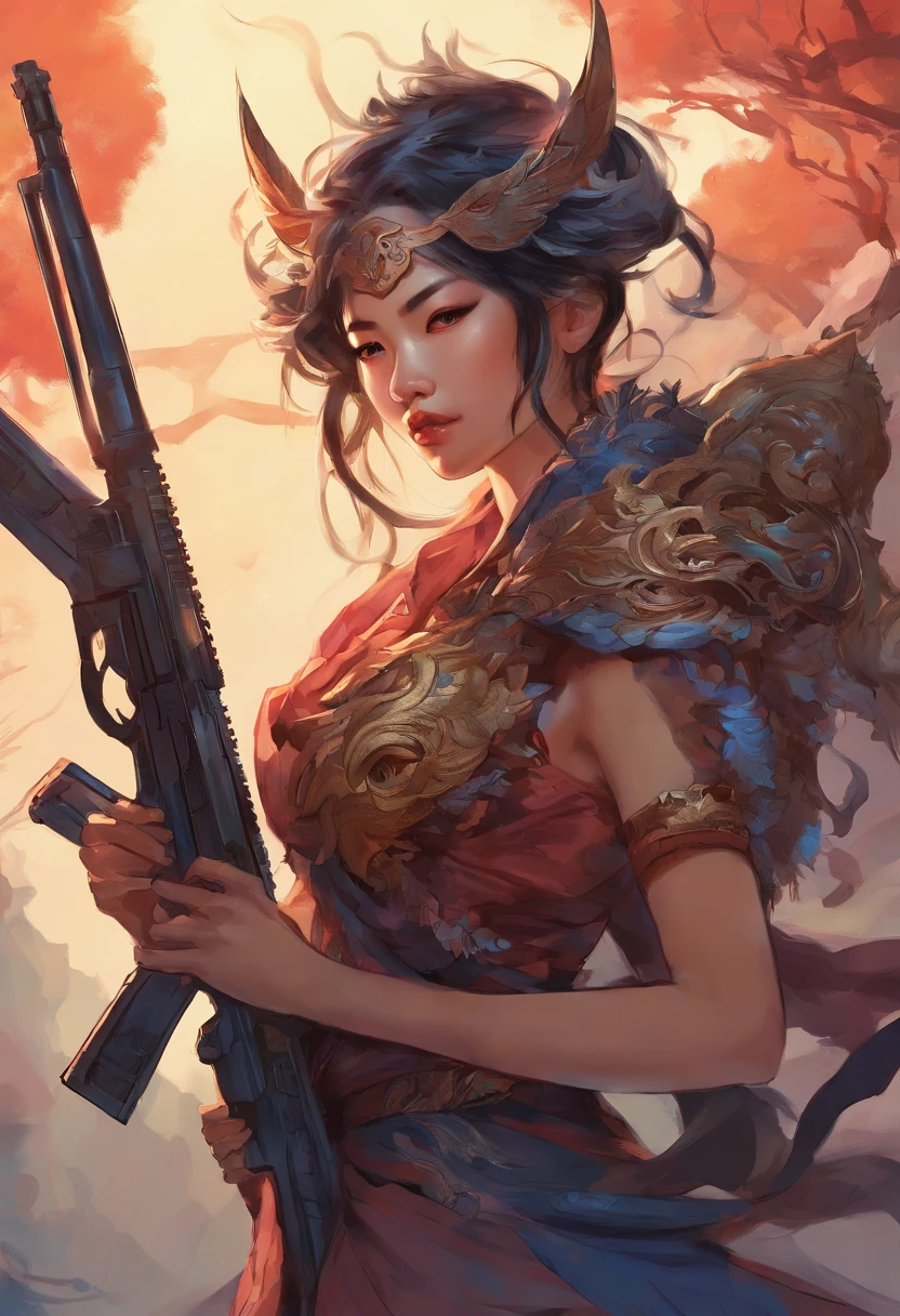 Holding a HK416 rifle, The face of Qiu Tianwang, Tengu Mask, Black bold outline style, Jagged edges, White background