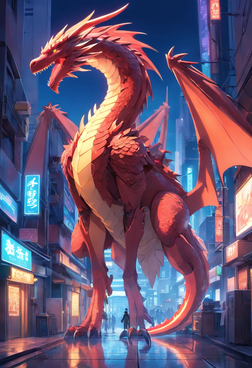 make a Wyvern robot, It looks like a dragon with no front arms, has a long neck, apenas duas asas e pernas traseiras fortes, The body is long and slender, com uma cauda longa e afilada, Its two wings have a wingspan larger than the length of the body, tem pernas traseiras musculosas e garras afiadas, Cyberpunk, Drogon, Game of Thrones, House of the dragons brilho sonhador, luminous neon lights, limpo, fundo branco, ( global ilumination, Travessia de estrias, HDR, unreal render, Reasonable design, High detail, piece of master, best quality, hiper HD, Cinematic lighting)