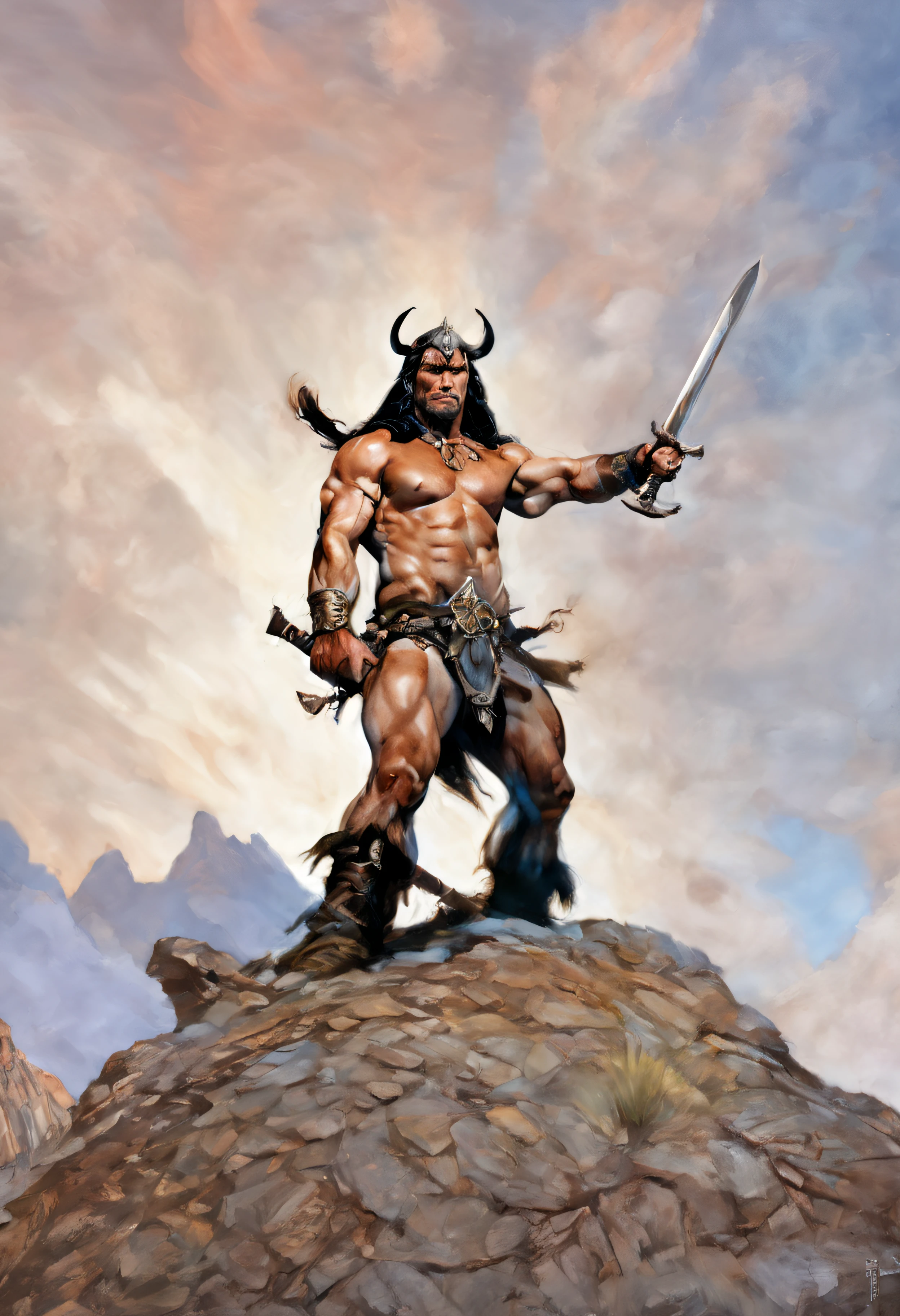 Conan the barbarian standing on a craggy outcropping holding a sword to the sky, uncropped, full body image, 32k UHD, hyper realistic, photorealistic, realistic, highly detailed professional quality digital photograph, in the art style of Frank