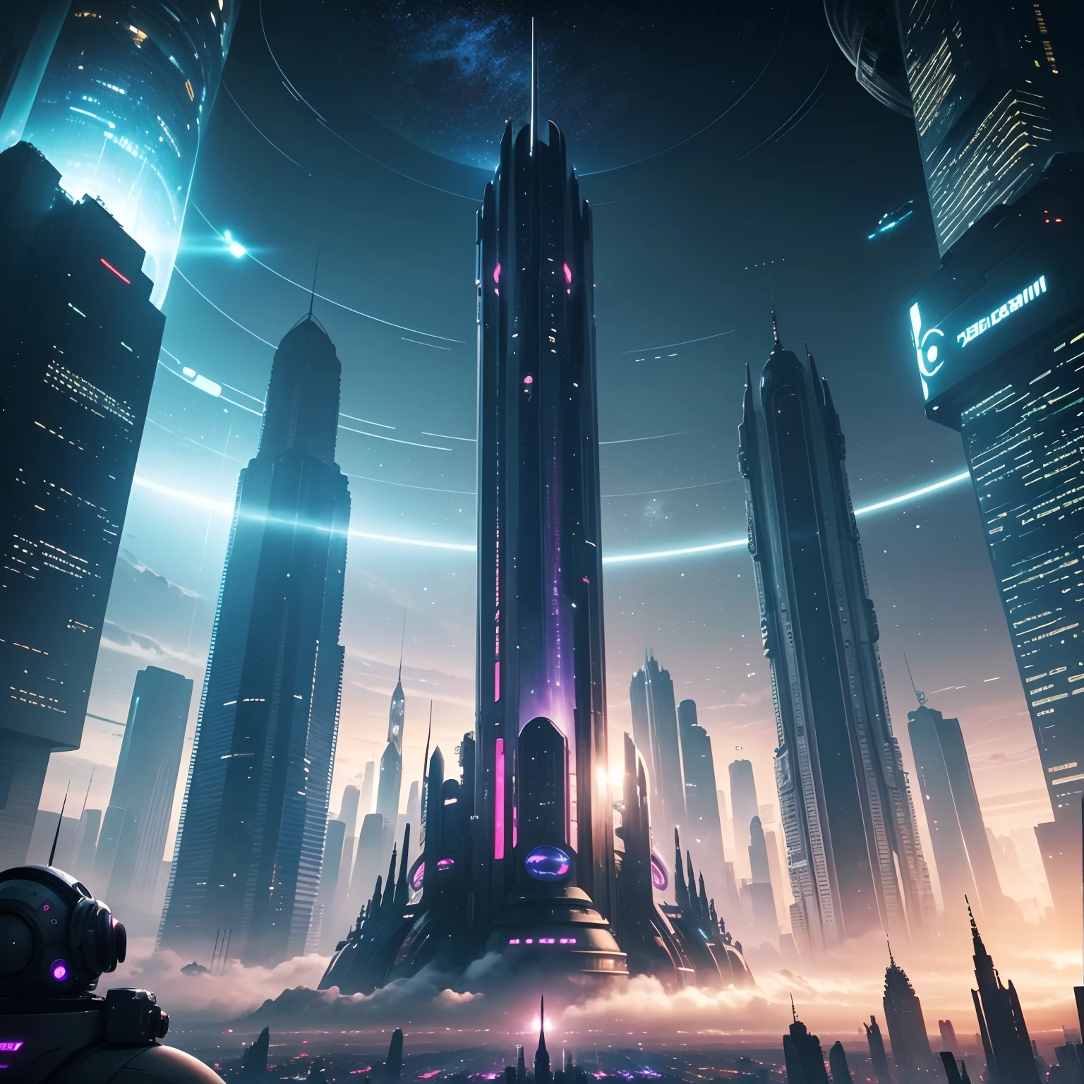 Space City、Futuristic cities、alien、floating in the universe、cyberpunked、skyscrapers line up、A space station、top-quality、masterpiece、24century、dream、utopian、planet earth、World of Dreams、Fantasia、𝓡𝓸𝓶𝓪𝓷𝓽𝓲𝓬、Beautiful city