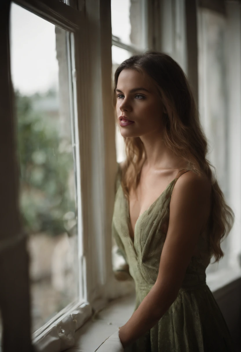arafed woman in white top and green skirt looking out a window, photo of a beautiful woman, gorgeous young model, a beautiful young woman, beautiful young woman, young beautiful woman, very beautiful young woman, leaning against the window, side profile waist up portrait, portrait of a beautiful model, beautiful female model, cute young woman, portrait sophie mudd