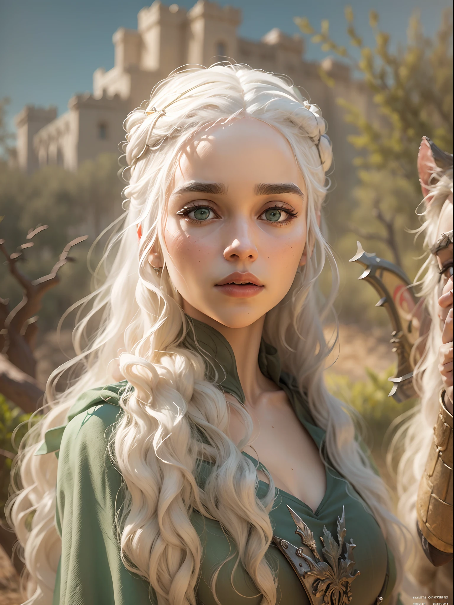 ((Best quality)) , ((Masterpiece)) , (Detailed) ,（Daenerys Targaryen）， Fantasy cover art for masterpieces,fantasy, Castle, Olive groves, A shield, Knight Core, Mint green beauty traces, tiltshift, guiltys, Natural lighting, Stylized, 8K resolution