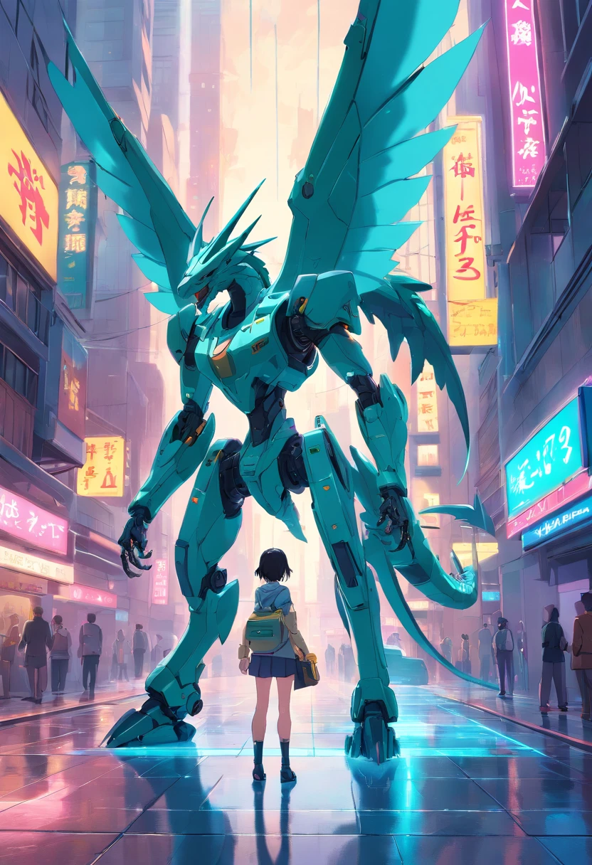 make a Wyvern robot, It looks like a dragon with no front arms, has a long neck, apenas duas asas e pernas traseiras fortes, The body is long and slender, com uma cauda longa e afilada, Its two wings have a wingspan larger than the length of the body, tem pernas traseiras musculosas e garras afiadas, Cyberpunk, A Guerra dos Tronos, brilho sonhador, luminous neon lights, limpo, fundo branco, ( global ilumination, Travessia de estrias, HDR, unreal render, Reasonable design, High detail, piece of master, best quality, hiper HD, Cinematic lighting)