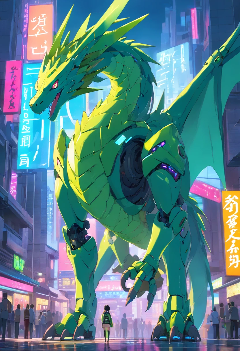 make a Wyvern robot, It looks like a dragon with no front arms, has a long neck, apenas duas asas e pernas traseiras fortes, The body is long and slender, com uma cauda longa e afilada, Its two wings have a wingspan larger than the length of the body, tem pernas traseiras musculosas e garras afiadas, Cyberpunk, A Guerra dos Tronos, brilho sonhador, luminous neon lights, limpo, fundo branco, ( global ilumination, Travessia de estrias, HDR, unreal render, Reasonable design, High detail, piece of master, best quality, hiper HD, Cinematic lighting)
