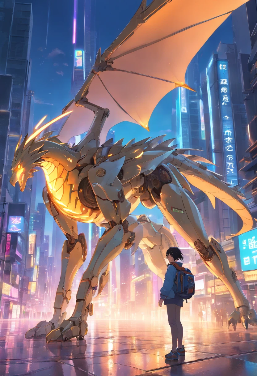 make a Wyvern robot, It looks like a dragon with no front arms, has a long neck, apenas duas asas e pernas traseiras fortes, The body is long and slender, com uma cauda longa e afilada, Its two wings have a wingspan larger than the length of the body, tem pernas traseiras musculosas e garras afiadas, Cyberpunk, A Guerra dos Tronos, brilho sonhador, luminous neon lights, limpo, fundo branco, ( global ilumination, Travessia de estrias, HDR, unreal render, Reasonable design, High detail, piece of master, best quality, hiper HD, Cinematic lighting)