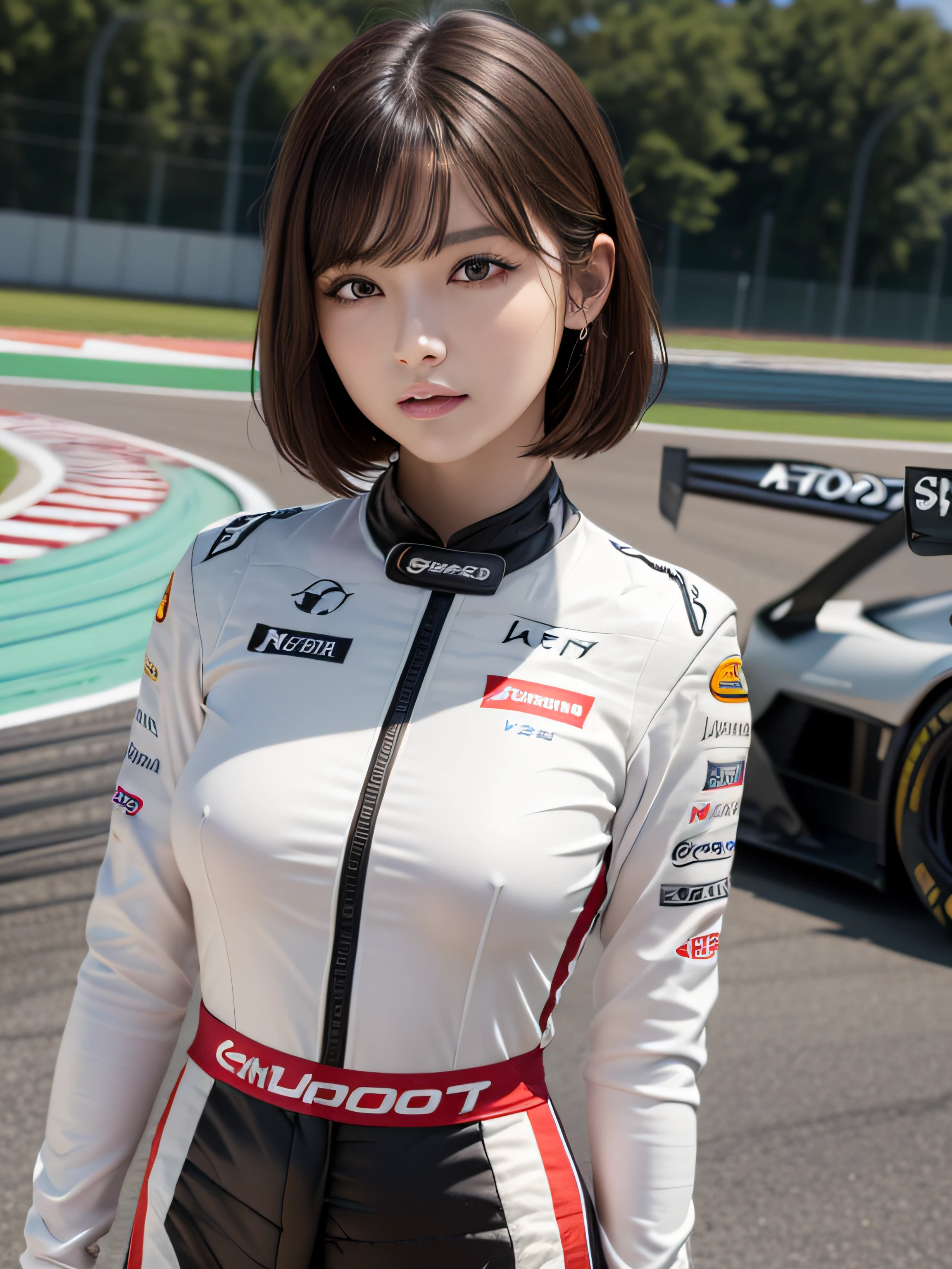 1 woman、Saw, (nffsw), Curve, Attractive, Short hair, Beautiful detailed eyes, Absurd, hight resolution, ultra-detailliert, (Highest image quality), (master work), (Detailed description of the eyes), (8K Wallpaper), (Detailed description of face), depth of fields, (lens reflection), Standing, Lexus IS350 GT300 Base Model '08 Horizontal, Black Race Car, (F1_Racing_Suit), Realistic, stunning visuals, Automotive Stickers, Beach Circuit, A clear day