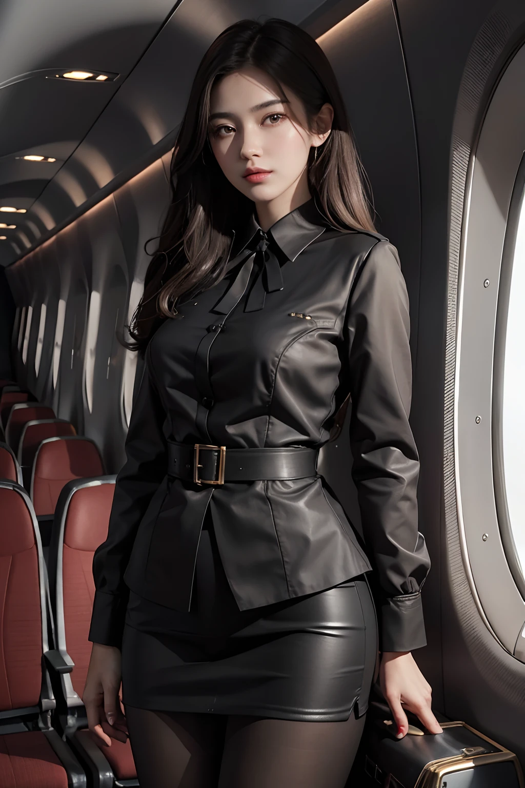 8K, Masterpiece, RAW photo, Best quality, Photorealistic, Extremely detailed CG unifies 8K, 8K, Diamond, and wallpaper, Depth of field, Cinematic light, Lens flare, Ray tracing, (Extremely beautiful face, Beautiful lips, Beautiful eyes), intricate detail face, ((ultra detailed skin)) 1girll, In the dark, deepshadow, Pretty Korean girl, Kpop idol, Photo of a sexy woman sitting in an airplane seat,Wearing a white flight attendant uniform,Skirt that wraps hips,(Very slim and slender muscular body:1.3), (Flesh-colored pantyhose:1.3),Light tight flight attendant uniform,mediuml breasts,Wide buttock,being thin,Redlip,黑The eye,(unholy:0.9),Cross ed leg,(textured fabrics:0.9),looking at viewert, (Pale skin), (Big eyes),(ssmile:0.8),flirting to the camera,(metallic fabric:0.5),extremly intricate,(realisticlying,primitive:1.5), Sideslit, (bblurry:0.9), detail in face, poor quality photo, hight contrast, inside airplane, Slender, bow-shaped, (birthmark:0.4)