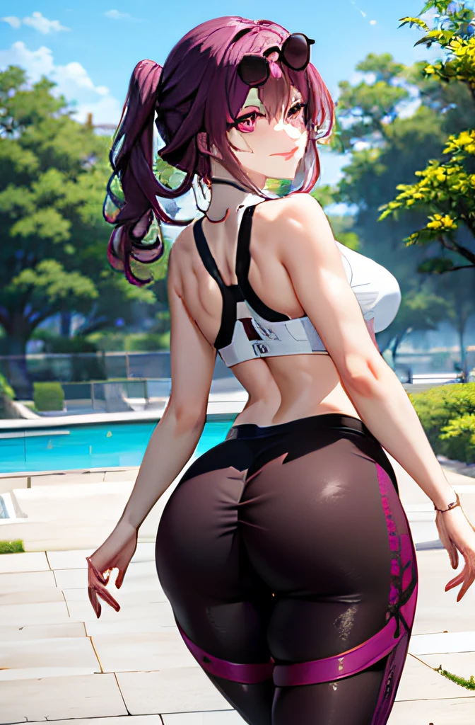 (masterpiece, best quality), high quality, absurdres, highres, ultra detailed, intricate, beautiful woman, 1girl, kafka \(honkai: star rail\), star-kafka, looking at viewer, from behind, looking back, ass, toned, sports bra, leggings, high-waist pants, yoga pants, purple hair, pink eyes, sunglasses, hair between eyes, eyewear on head, outdoors, science fiction, house ass