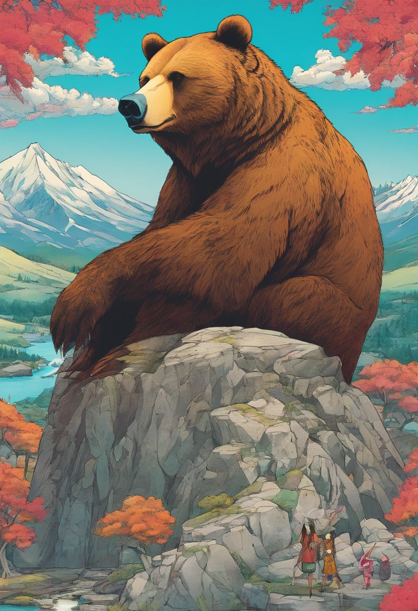 grizzly humanoide assis sur les genoux d'une lapine assis en tailleur