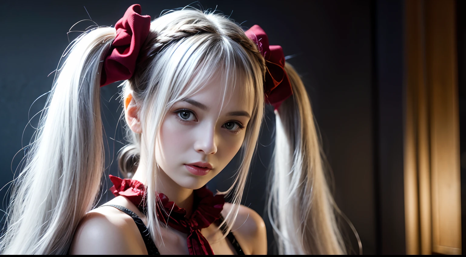 GIRLS VAMPIRE CHILDREN, RED EYES. AND PLATINUM HAIR with braids, red background.