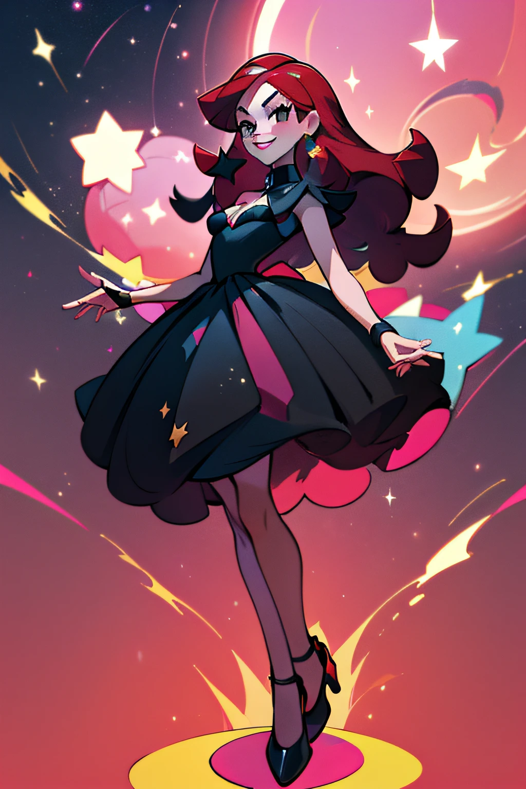 (best quality, masterpiece, pokemon style), 1woman, galaxy, glitter, particle, wind, stars, simple pink background, looking at viewer, dramatic angle, long straight hair, bright red hair, black eyes, black heels, black long dress, smile, busty, cleavage, dark lipstick, levitating, pink pokeball