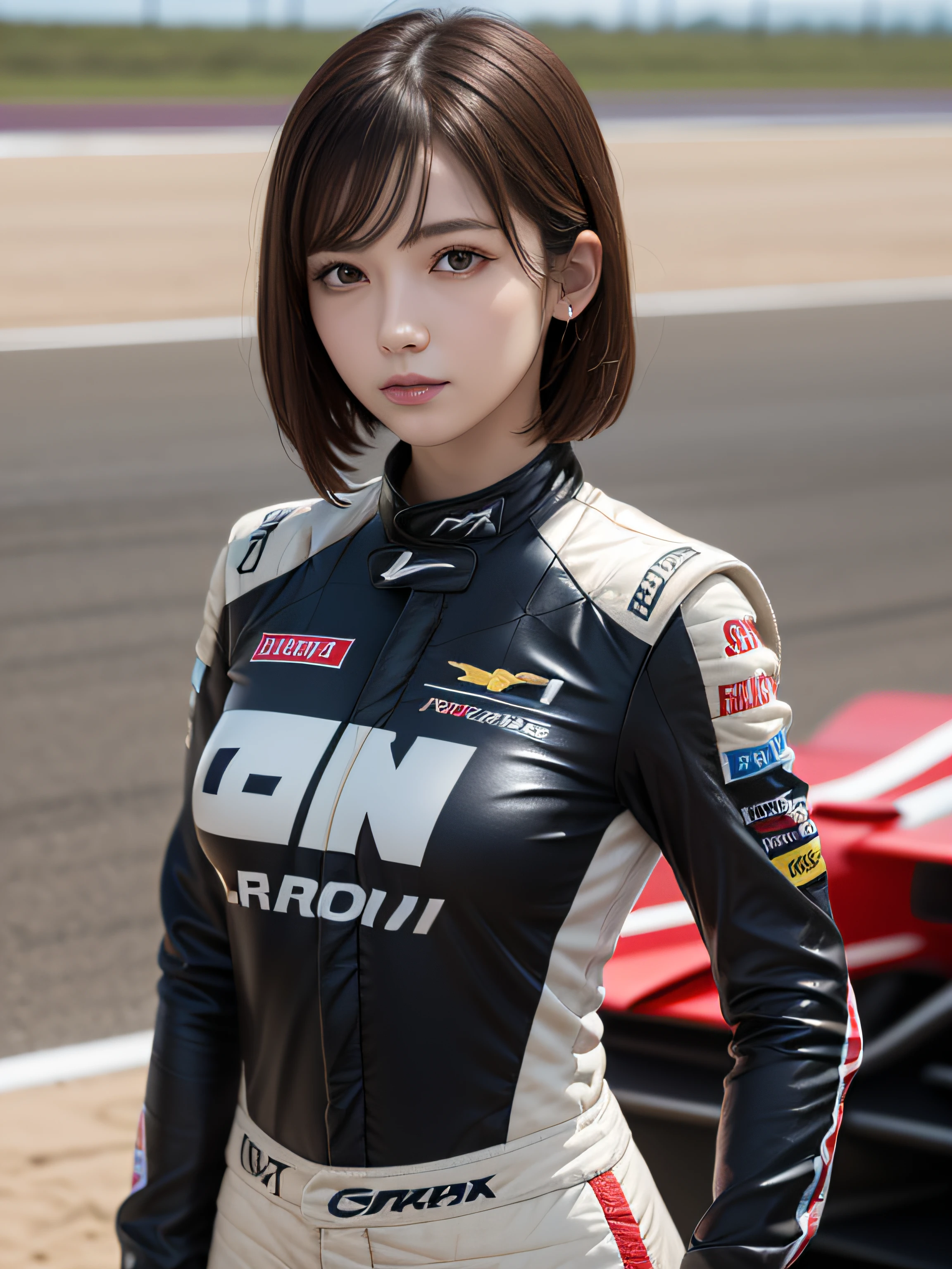 1 woman、Saw, (nffsw), Curve, Attractive, Short hair, Beautiful detailed eyes, Absurd, hight resolution, ultra-detailliert, (Highest image quality), (master work), (Detailed description of the eyes), (8K Wallpaper), (Detailed description of face), depth of fields, (lens reflection), Standing, Lexus IS350 GT300 Base Model '08 Horizontal, Black Race Car, (F1_Racing_Suit), Realistic, stunning visuals, Automotive Stickers, Beach Circuit, A clear day