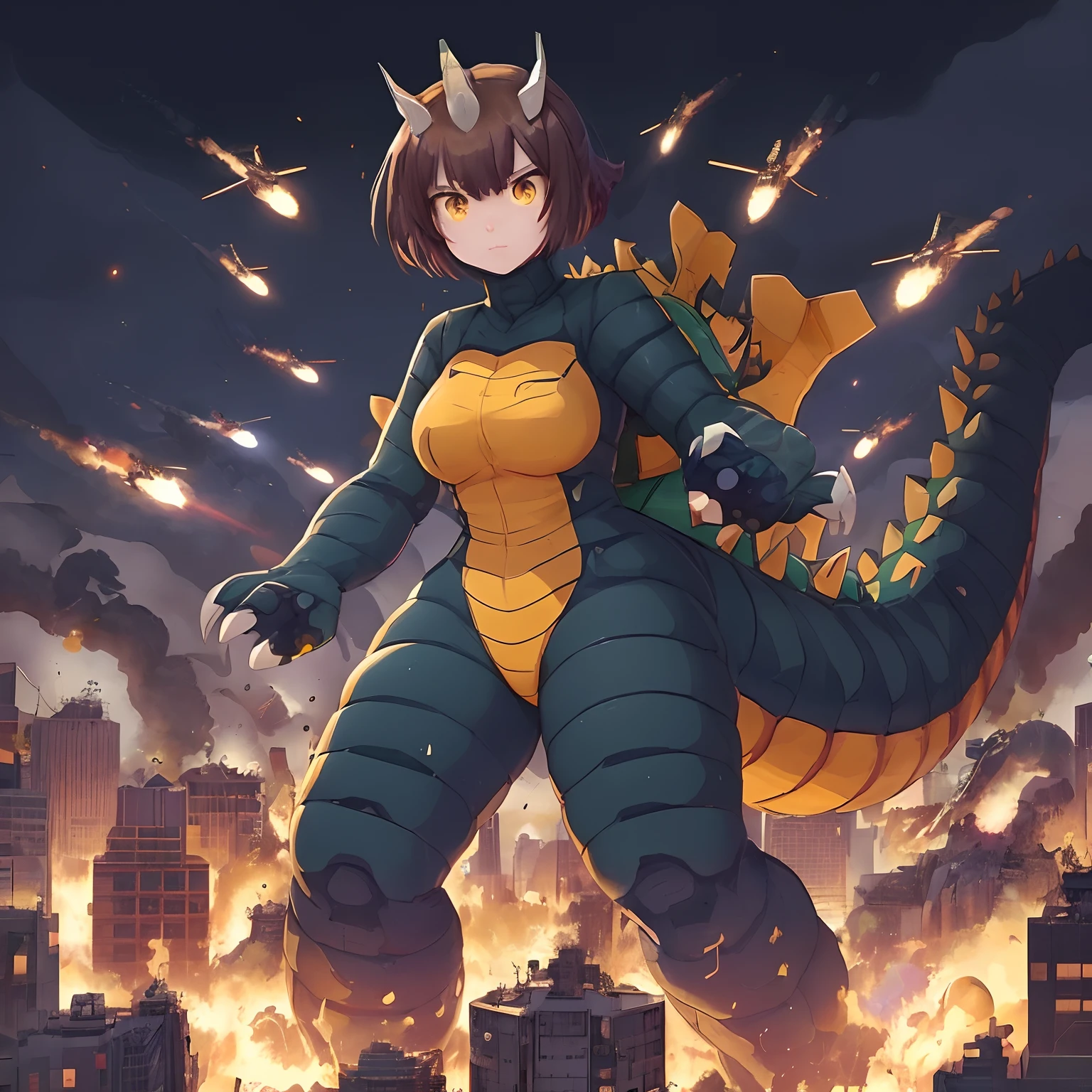 In a captivating anime scene,
Draw the whole body from head to feet,
a young woman wears a kaiju-themed suit, her face radiating cuteness.
The suit, with big thick tail and dark green and yellow accents.
creating a visually striking image,showcasing her entire body while maintaining a playful yet fierce demeanor.
many helicopter is firing missiles at her.
