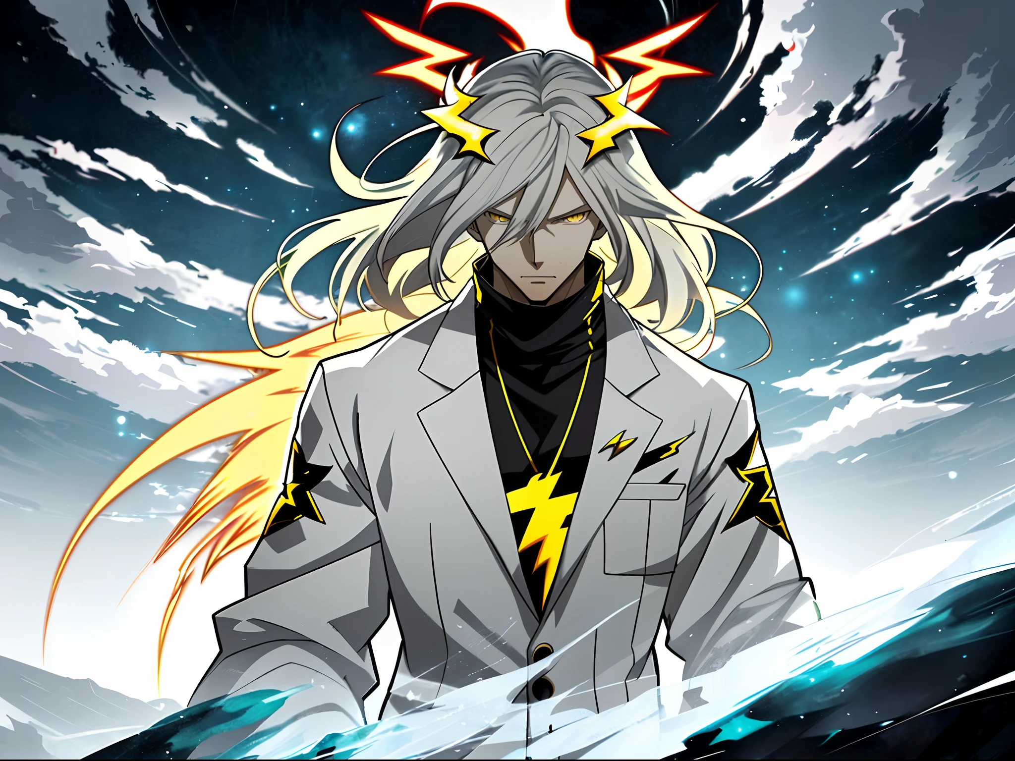 White long-haired anime character, Yellow eyes stand in front of Lightning，White clothes， Detailed key anime art, Key anime art, detailed anime character art, handsome guy in demon killer art, full art,, anime artsyle, offcial art, detailed anime art,