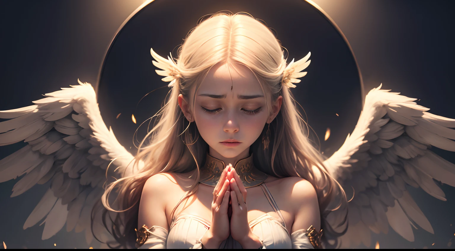angel praying, ultra high definition, stylish beautiful girl, divine, 8K, shining figure, shedding large tears, circle of angels, sad, advent,broken angel