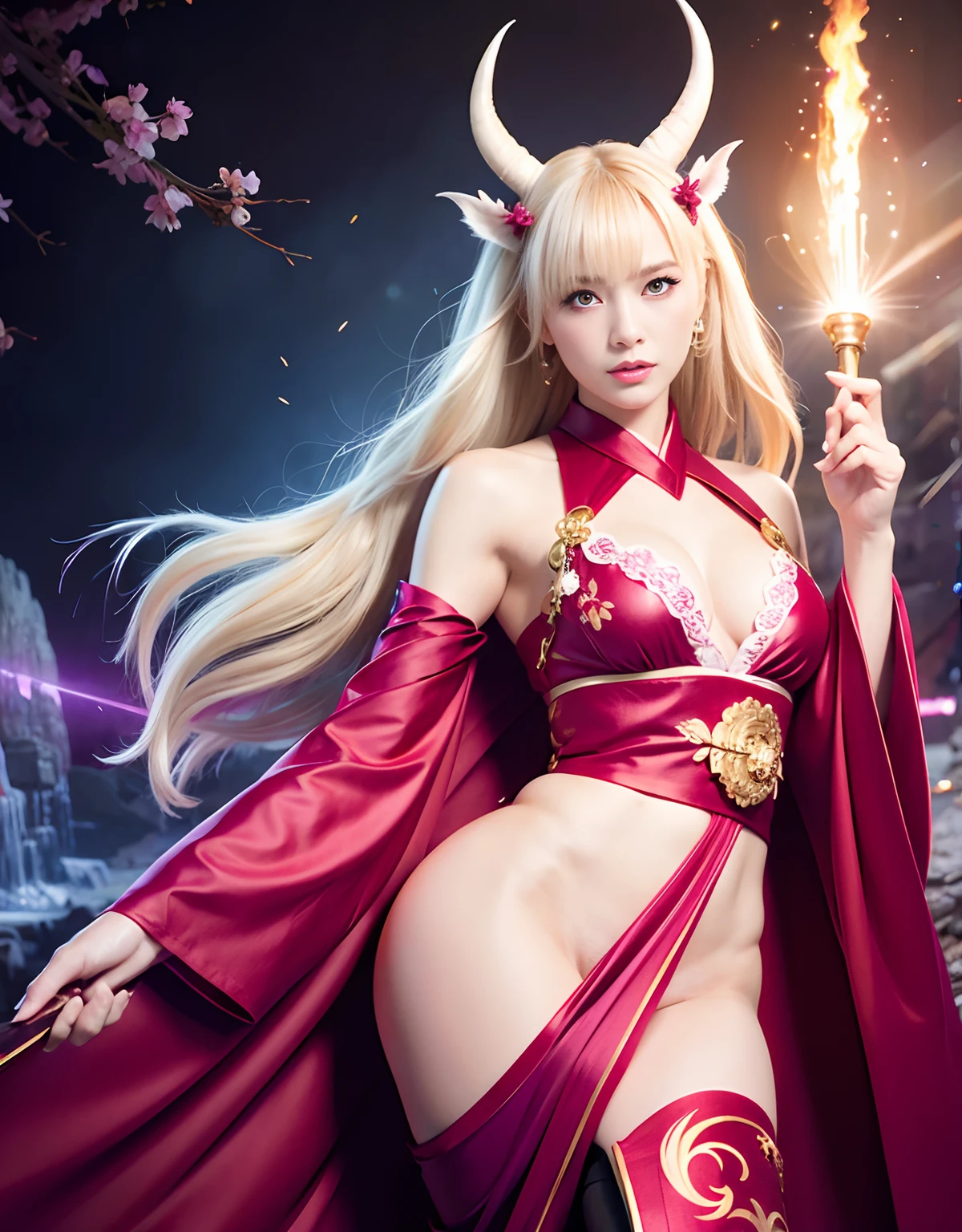 ((White ghost flies)),Professional , masterpiece、top-quality、photos realistic , depth of fields 、(Various poses)、(Background of cherry blossoms in full bloom),(Ultimate Beauty)、(A dark-haired)、(Fight ninjas)、Mystical expression、(Kimono with scary pattern)、(Night background)、Precipitous cliffs、((Devil's Wings Grow)),(Wear a kimono with a floral pattern),Armpit、(Wearing a colorful and beautiful kimono)、Jewel Gold Weapon、Particles of light),(Has a devil's mask)、Gorgeous gold weapons ,Skeleton population、(( Gorgeous Dragon Sword)) , (a dark night),,(White ghost flies) 、((Black Haired Beautiful Girl))、(Castle background)、(demonic wings)、((Gangle's forest background))、Beautiful Caucasian beauty、1a person、dynamic ungle,(((Two devil's horns on the head)))、Smaller head、Idle Smile、Thin and beautiful female hands、Mystical expression、Light Effects、intense fighting、Wind-effect、magic circles、With the legendary magic wand、Dragon's tail、