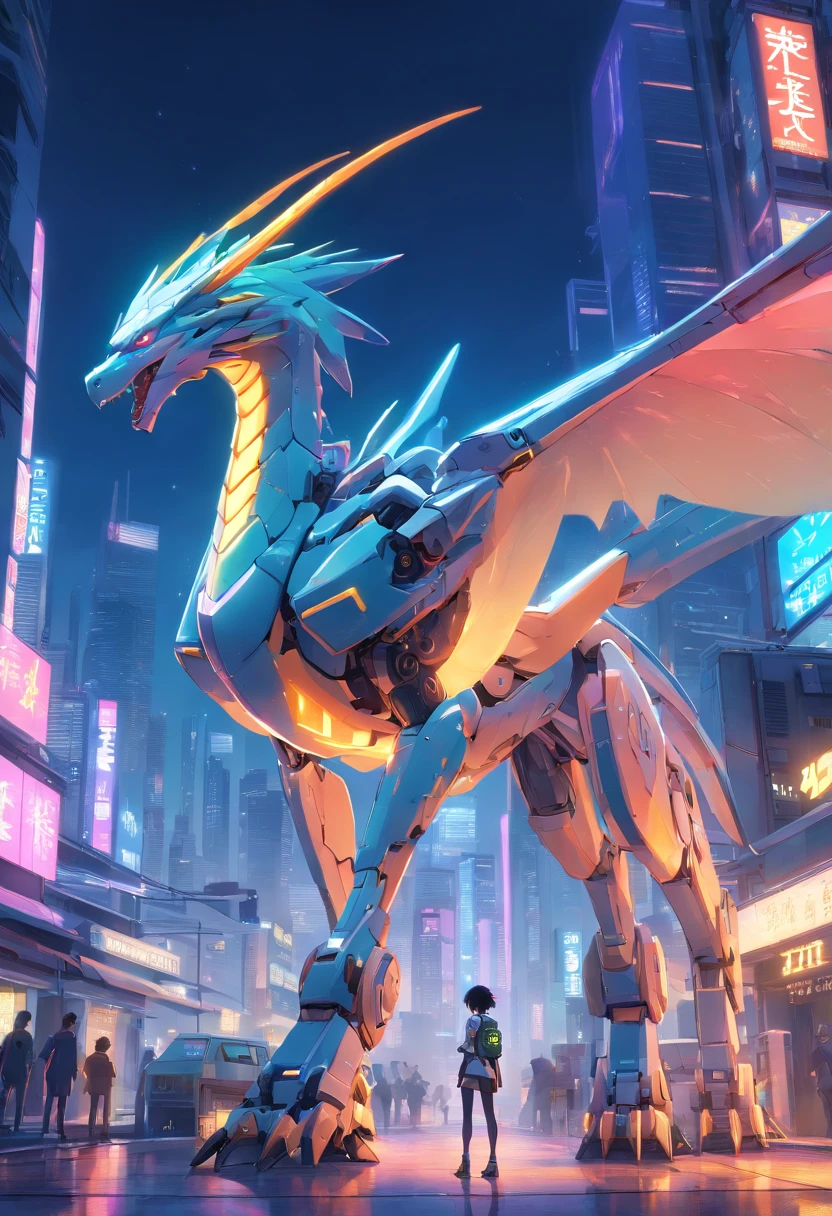make a Wyvern robot, It looks like a dragon with no front arms, has a long neck, apenas duas asas e pernas traseiras fortes, The body is long and slender, com uma cauda longa e afilada, Its two wings have a wingspan larger than the length of the body, tem pernas traseiras musculosas e garras afiadas, Cyberpunk, A Guerra dos Tronos, brilho sonhador, luminous neon lights, limpo, fundo branco, ( global ilumination, Travessia de estrias, HDR, unreal render, Reasonable design, High detail, piece of master, best quality, hiper HD, Cinematic lighting)