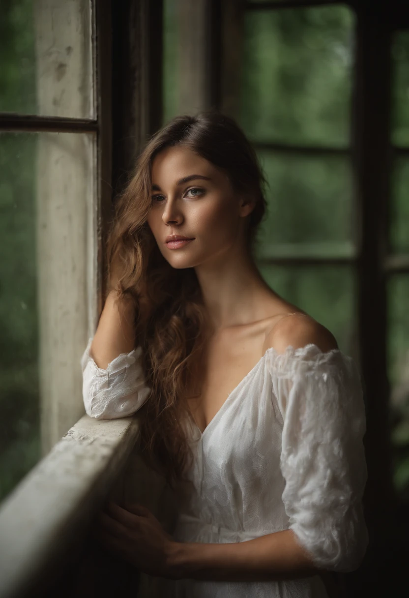 arafed woman in white top and green skirt looking out a window, photo of a beautiful woman, gorgeous young model, a beautiful young woman, beautiful young woman, young beautiful woman, very beautiful young woman, leaning against the window, side profile waist up portrait, portrait of a beautiful model, beautiful female model, cute young woman, portrait sophie mudd, large breasts