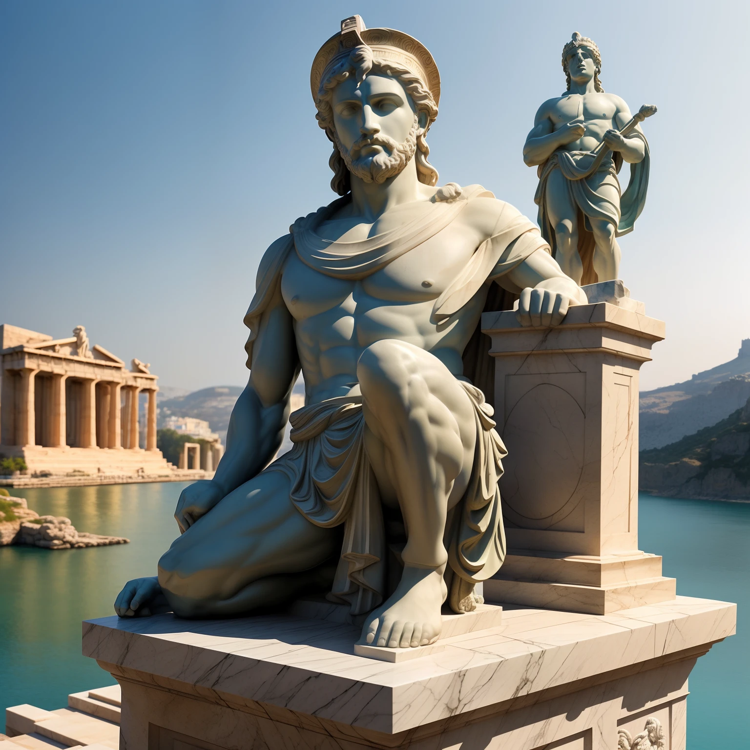 Statue of a man sitting on a stone pedestal next to a body of water, Greek statue, greco roman statue, an ancient greek statue, large stone statues of heroes, ancient greek statue, herculean, statue of zeus, classical statue, classic sculpture, statue of hercules, Palutena, Directed by: Thomas Häfner, statue of david