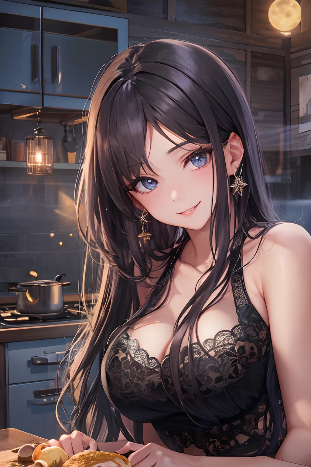 masterpiece, best quality, hyper-detailed, 8k resolution, RAW photo, (Yor forger),large breasts:1.5, gorgeous face, Japanese and Russian mix, perfect body, 18yo, black outfit, happy, posing for photo, long hair, smile, night, kissing face, kitchen, moon light