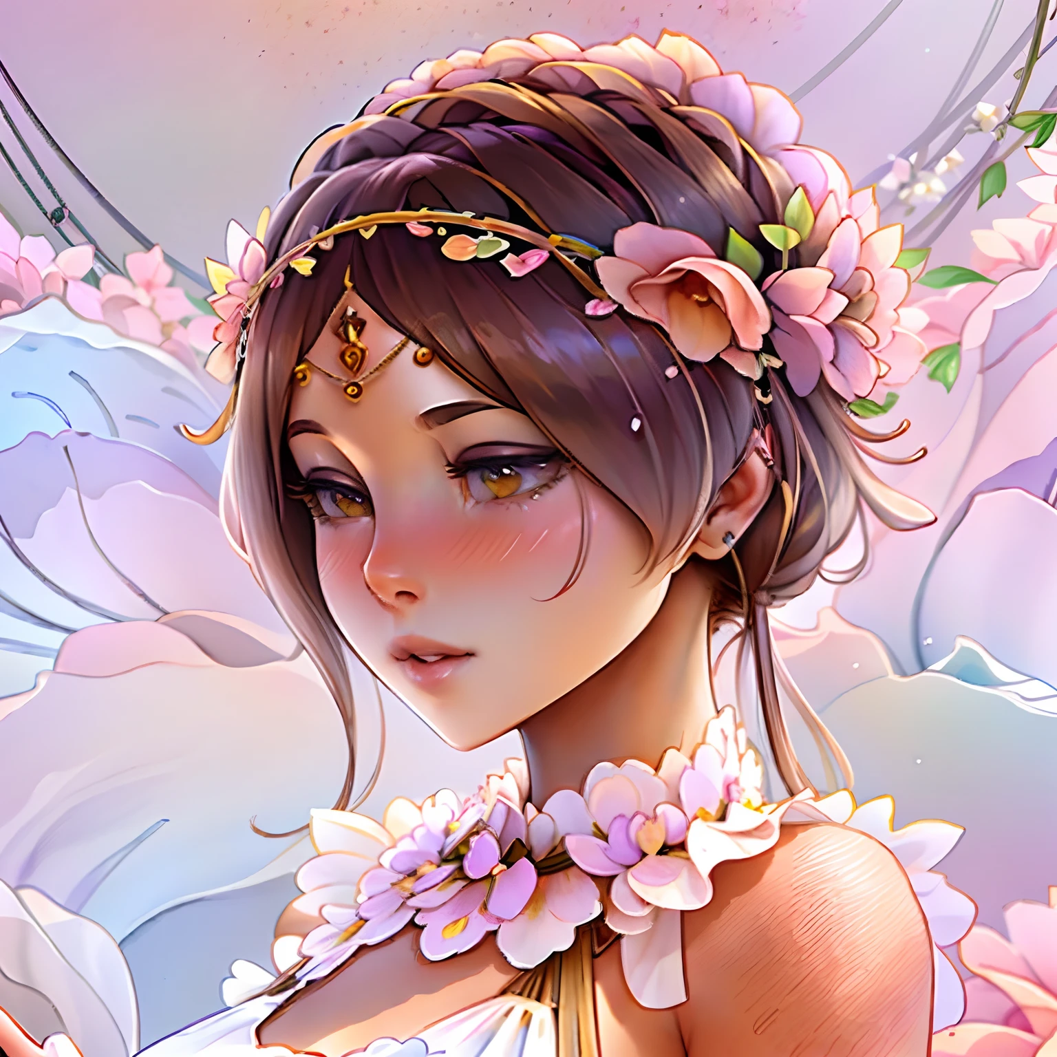 painting of a woman with a flower crown in her hair, thoughtful ), she has a crown of dried flowers, emotional concept art, lotus floral crown girl, she has a crown of flowers, beautiful gorgeous digital art, thoughtful, girl with a flower head, gorgeous digital art, painterly illustration, album art, exquisite digital illustration, pastel artwork, digital mixed media painting