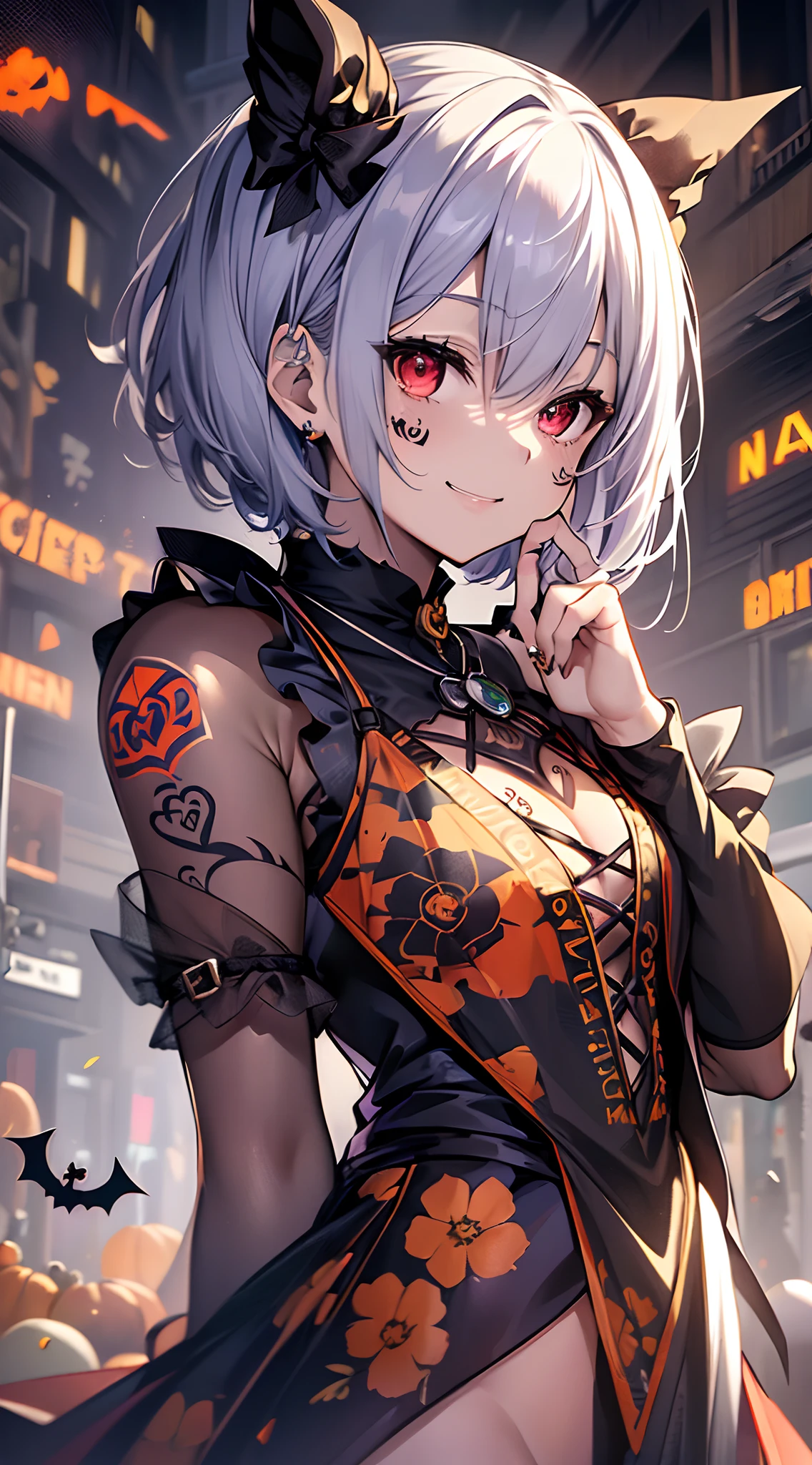 top-quality、Top image quality、in 8K,4K,​masterpiece、(NSFW:1.1)、ultra-detailliert、Beautiful、ultra-quality、cute little、girl with(((18year old、Halloween Costumes:1.3、Dancer 1:3、Bust 78、silber hair、a short bob、Red Eyes、erotick:1.4、Happiness、The tattoo)))、hiquality、visualart、Background with((Halloween 1.2))、masutepiece