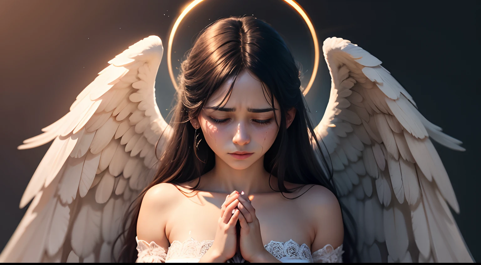 angel praying, ultra high definition, stylish beautiful girl, divine, 8K, shining figure, broken angel crying shedding large tears, circle of angels, sad, advent