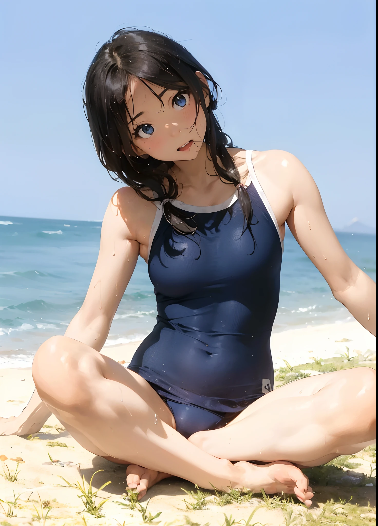 Alafed woman sitting on the beach in blue swimsuit, Young skinny gravure idol, cute girl wearing a tank suit, Young Pretty Gravure Idol, Young Sensual Gravure Idol, Young Gravure Idol, Chiho Aoshima, mayuri shiina, Yasumoto Oka, Aoi Ogata, Sana Takeda, Aya Takano((top-quality))、((masterpiece))、1girl in、Formal-up、beautiful detailed eyes and face、pretty skin、a very cute、22year old、School swim wear(darkblue、Simple design、Matte texture、Wrinkle、Polyester material、Nero、shadings、)Wet body、Anime Face、Beautie、Facing the front、big eye(Beautiful fece、Anime Face、Clear eyes、Fine details、Beautiful eyes)Well-formed face(Beautiful nasal muscles、Perplexed、sharp mouth)full of sweat、sodden、Wet feeling、Background with(sunny sky、takeout)、8K picture quality、perfectly proportions、A slender、red blush、female focus on, hair adornments,length hair, Look at viewers,