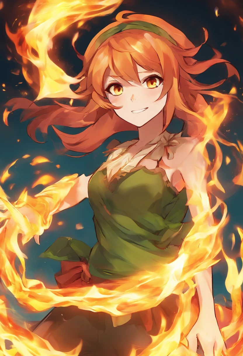 Bomb anime girl, made of liquid orange flames, glowing green and yellow eyes, can self destruct, fanged  evil grin, floating glowing orbs of fire, masterpiece, best quality