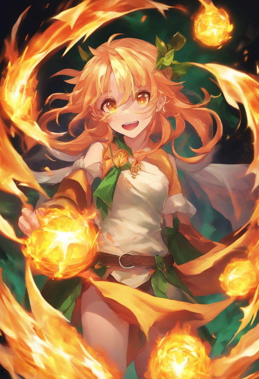 Bomb anime girl, made of liquid orange flames, glowing green and yellow eyes, can self destruct, fanged evil grin, floating glowing orbs of fire, masterpiece, best quality
