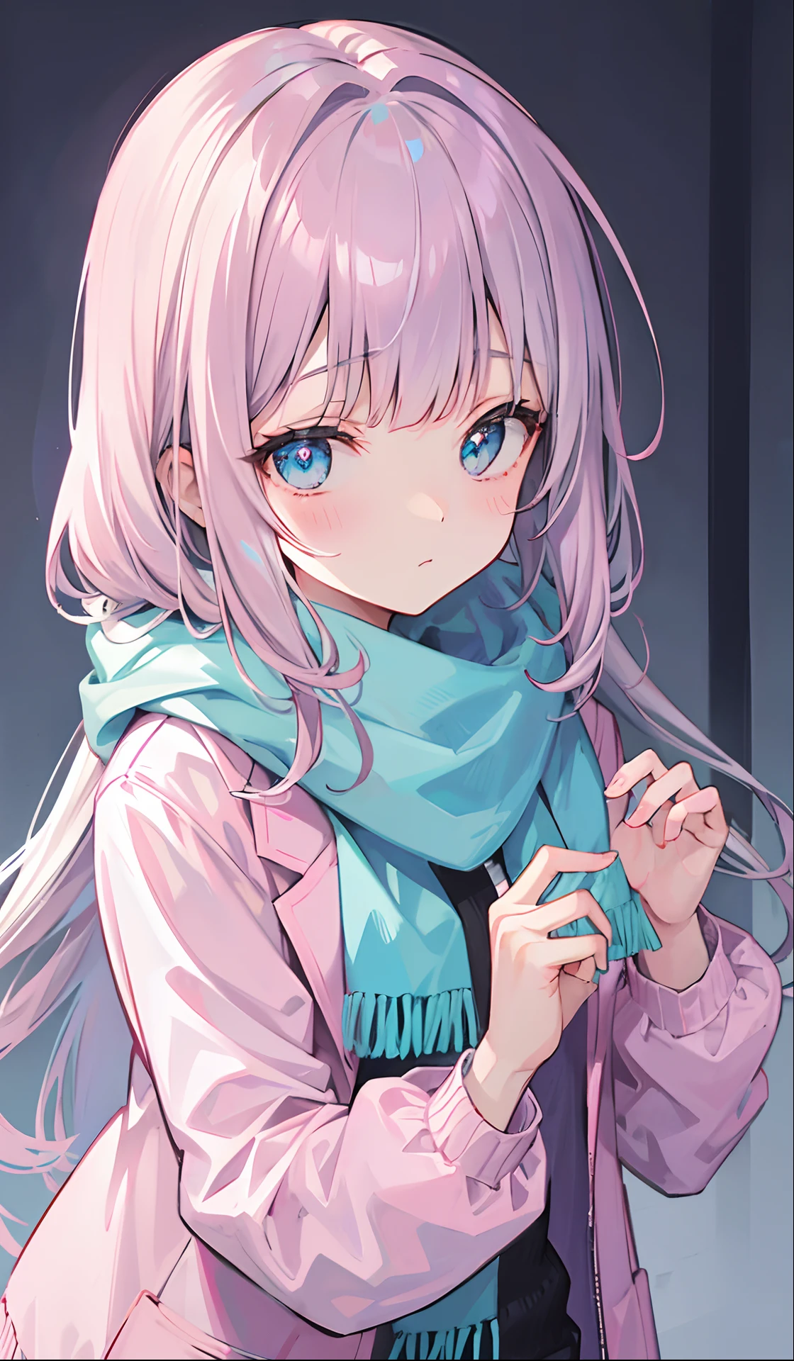 Gray-pink bangs,Blue-green pupils,Wear a silver-white jacket and pink sweater,Wearing a blue scarf,It's a cute girl