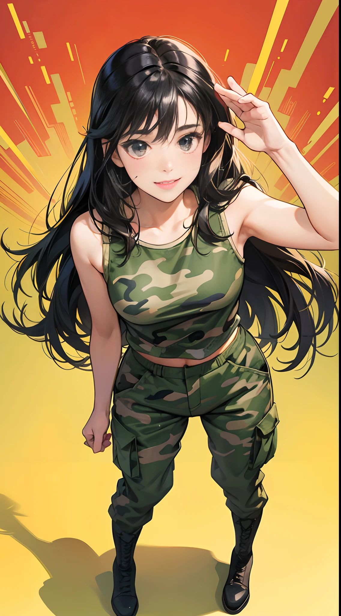 (Best Quality,4K,High resolution), Delicately expressed illustrations with realistic details,cute 18yo girl,selfee,Looking at the camera、Point the camera up,Staring at this、Smile,saluting,Long straight hair with red mesh black hair,Comical appearance,Bustling background,lively and comical appearance,comic strip,animesque,Comical illustration,Cute illustrations delicately drawn in detail,Full body close-up,Looking up at the camera from above,Women of the Self-Defense Forces、camouflage uniform,Tank Tops,Camouflage Cargo Pants,Combat boots