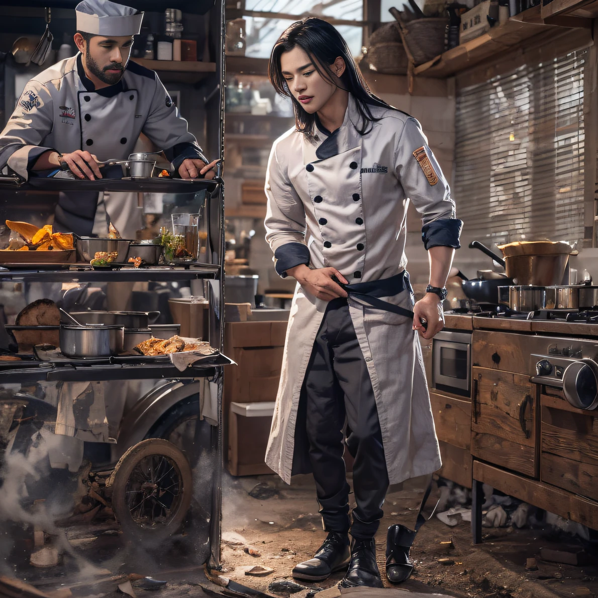 Full body male chef 32K（tmasterpiece，k hd，hyper HD，32K）Long flowing black hair，Camping area，zydink， a color， patriot （canyons）， （Linen batik scarf）， Combat posture， looking at the ground， Linen bandana， Chinese python pattern long-sleeved garment， （Abstract gouache splash：1.2）， Dark clouds lightning background，Flour flies（realisticlying：1.4），Black color hair，Flour fluttering，Background fog， A high resolution， the detail， RAW photogr， Sharp Re， Nikon D850 Film Stock Photo by Jefferies Lee 4 Kodak Portra 400 Camera F1.6 shots, Rich colors, ultra-realistic vivid textures, Dramatic lighting, Unreal Engine Art Station Trend, cinestir 800，Flowing black hair,（（（Male chef）））With his eyes closed