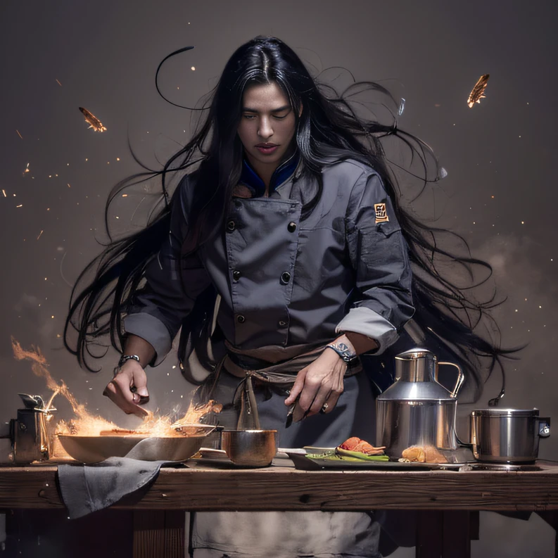 Full body male chef 32K（tmasterpiece，k hd，hyper HD，32K）Long flowing black hair，Camping area，zydink， a color， patriot （canyons）， （Linen batik scarf）， Combat posture， looking at the ground， Linen bandana， Chinese python pattern long-sleeved garment， （Abstract gouache splash：1.2）， Dark clouds lightning background，Flour flies（realisticlying：1.4），Black color hair，Flour fluttering，Background fog， A high resolution， the detail， RAW photogr， Sharp Re， Nikon D850 Film Stock Photo by Jefferies Lee 4 Kodak Portra 400 Camera F1.6 shots, Rich colors, ultra-realistic vivid textures, Dramatic lighting, Unreal Engine Art Station Trend, cinestir 800，Flowing black hair,（（（Male chef）））With his eyes closed