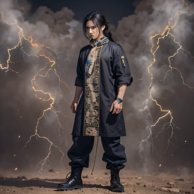 Full body male chef 32K(tmasterpiece,k hd,hyper HD,32K)Long flowing black hair,Camping area,zydink, a color, patriot (canyons), (Linen batik scarf), Combat posture, looking at the ground, Linen bandana, Chinese python pattern long-sleeved garment, (Abstract gouache splash:1.2), Dark clouds lightning background,Flour flies(realisticlying:1.4),Black color hair,Flour fluttering,Background fog, A high resolution, the detail, RAW photogr, Sharp Re, Nikon D850 Film Stock Photo by Jefferies Lee 4 Kodak Portra 400 Camera F1.6 shots, Rich colors, ultra-realistic vivid textures, Dramatic lighting, Unreal Engine Art Station Trend, cinestir 800,Flowing black hair,(((Male chef)))With his eyes closed