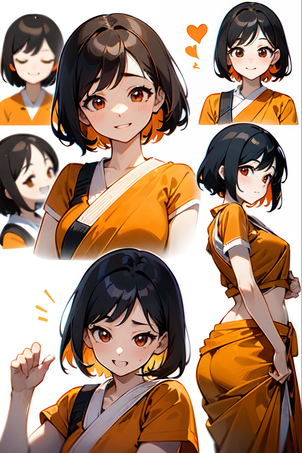 ((Emoji Pack, 9 emojis, emoji sheet of, align arrangement, 9 poses and expressions, white background, black strokes)),(grieves,astonishment,having fun,exhilarated,big laughter,Touch your head,Sell moe, wait), Hd closeup face of Chizuru Ichinose, anime style, short hair, black hair, dreamy eyes, red eyes, (wearing orange saree and orange blouse), realistic, 8k, UHD, highly detailed, ultra high resolution