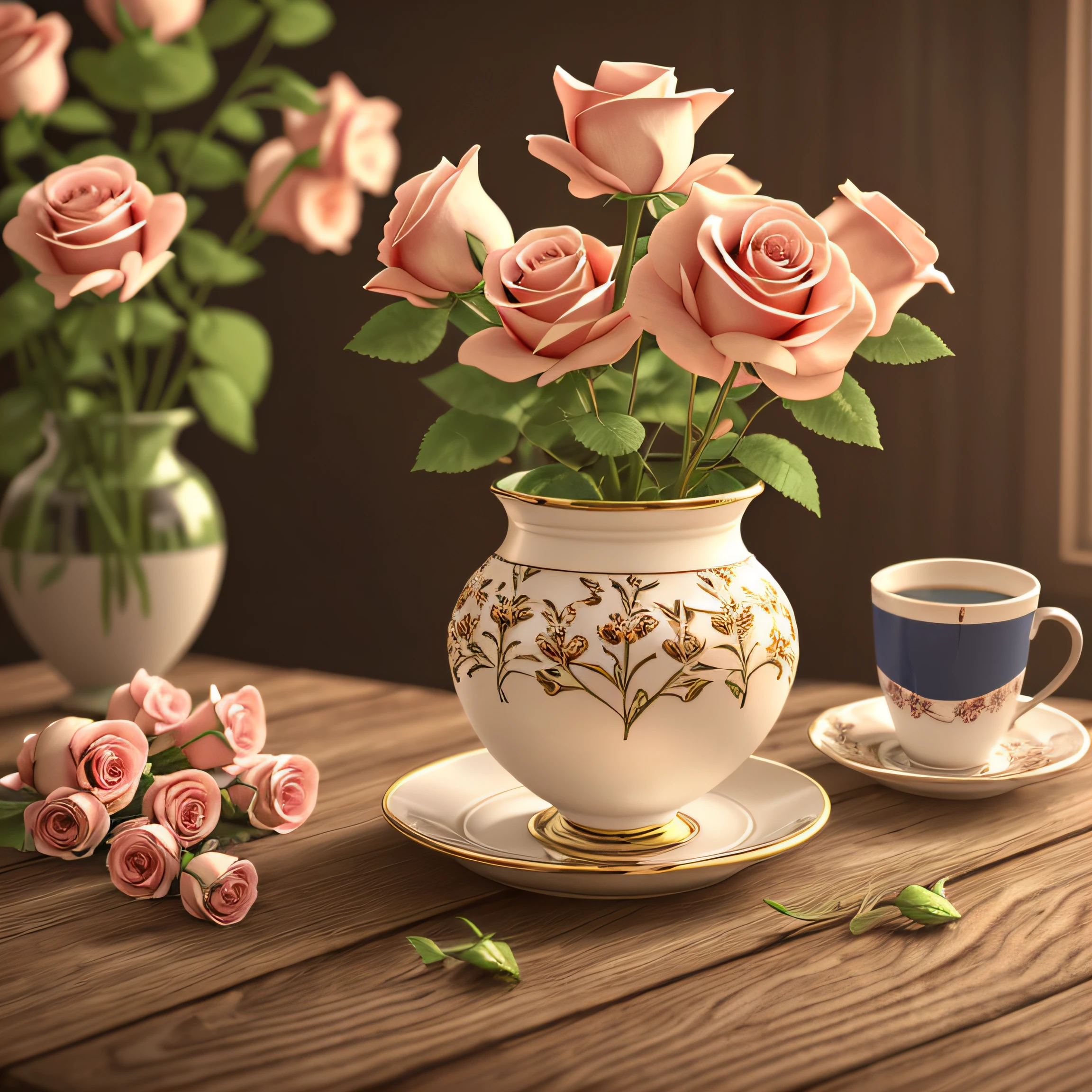 There is a cup of roses on the wooden table，morning，vase with flowers，Flower background，a cheerful atmosphere，early morning mood，Flowers in the background，cozy cafe background，beautiful  flowers，in the early morning，Flowers in bloom and background，spring morning，Awesome Highly detailed composition，photoreal render