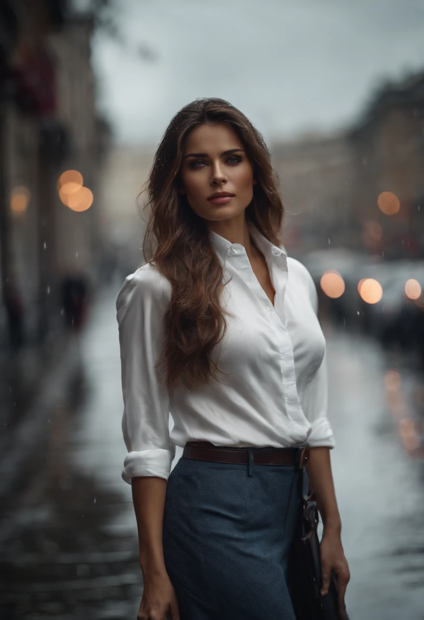 ((Best Quality, 8K, Masterpiece: 1.3)), Sharp: 1.2, Perfect Body Beauty: 1.4, Slim Abs: 1.2, ((Layered Hairstyle, Big Breasts: 1.2)), (Wet White Button Long Shirt: 1.1), (Rain, Street: 1.2), Wet: 1.5, Highly detailed face and skin texture, detailed eyes, double eyelids, side face looking at the camera