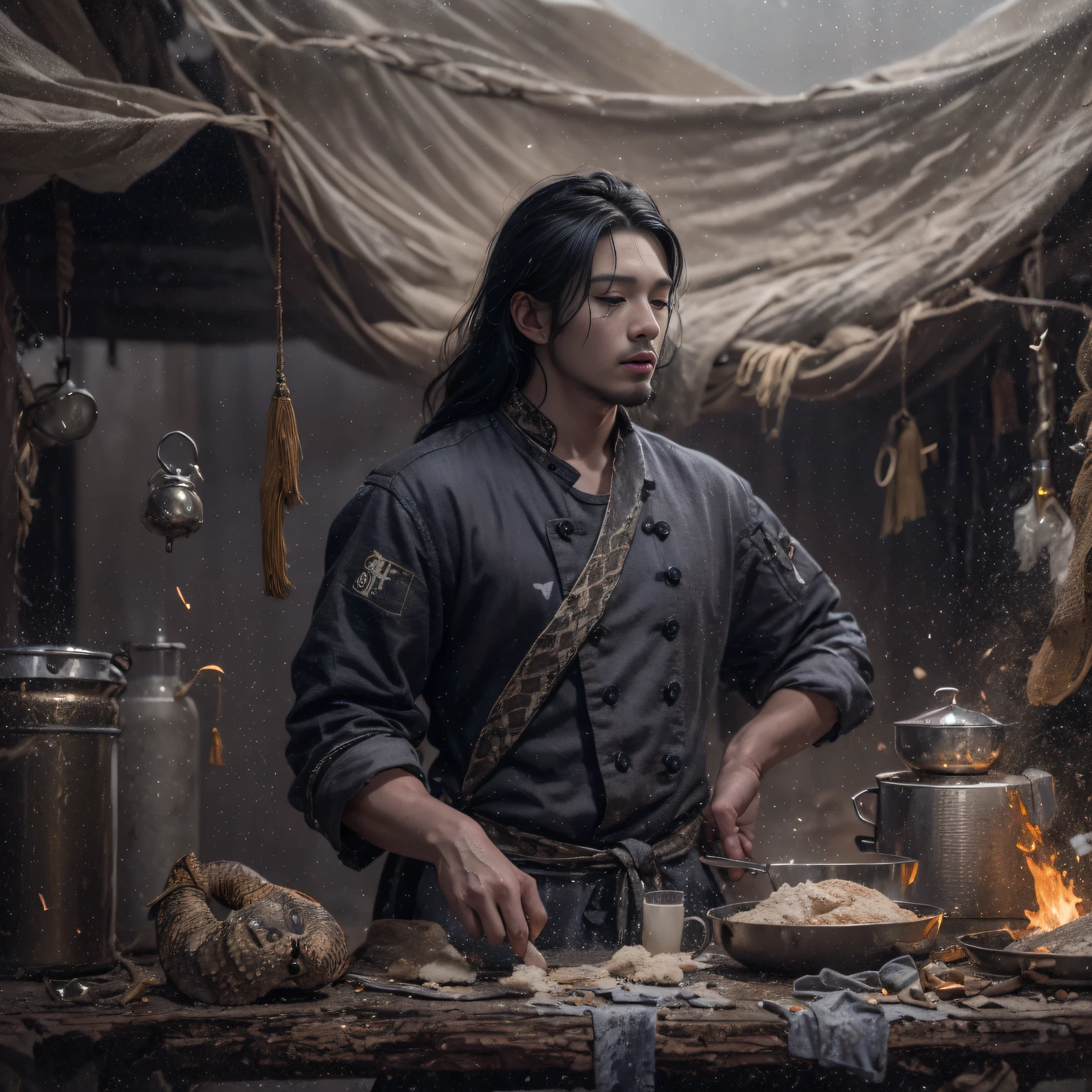Full body male chef 32K(tmasterpiece,k hd,hyper HD,32K)Long flowing black hair,Camping area,zydink, a color, patriot (canyons), (Linen batik scarf), Combat posture, looking at the ground, Linen bandana, Chinese python pattern long-sleeved garment, (Abstract gouache splash:1.2), Dark clouds lightning background,Flour flies(realisticlying:1.4),Black color hair,Flour fluttering,Background fog, A high resolution, the detail, RAW photogr, Sharp Re, Nikon D850 Film Stock Photo by Jefferies Lee 4 Kodak Portra 400 Camera F1.6 shots, Rich colors, ultra-realistic vivid textures, Dramatic lighting, Unreal Engine Art Station Trend, cinestir 800,Flowing black hair,(((Male chef)))With his eyes closed
