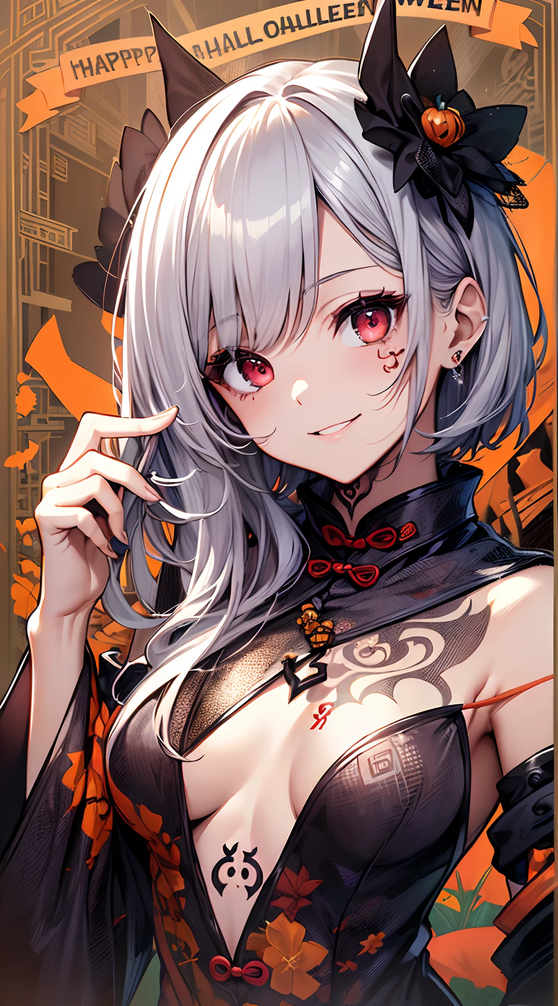 top-quality、Top image quality、in 8K,4K,masterpiece、(NSFW:1.1)、ultra-detailliert、Beautiful、ultra-quality、cute little、girl with(((18year old、Halloween style costumes:1.3、Cheongsam 1:3、Bust 78、silber hair、a short bob、Red Eyes、erotick:1.4、Happiness、The tattoo)))、hiquality、visualart、Background with((Halloween 1.2))、masutepiece
