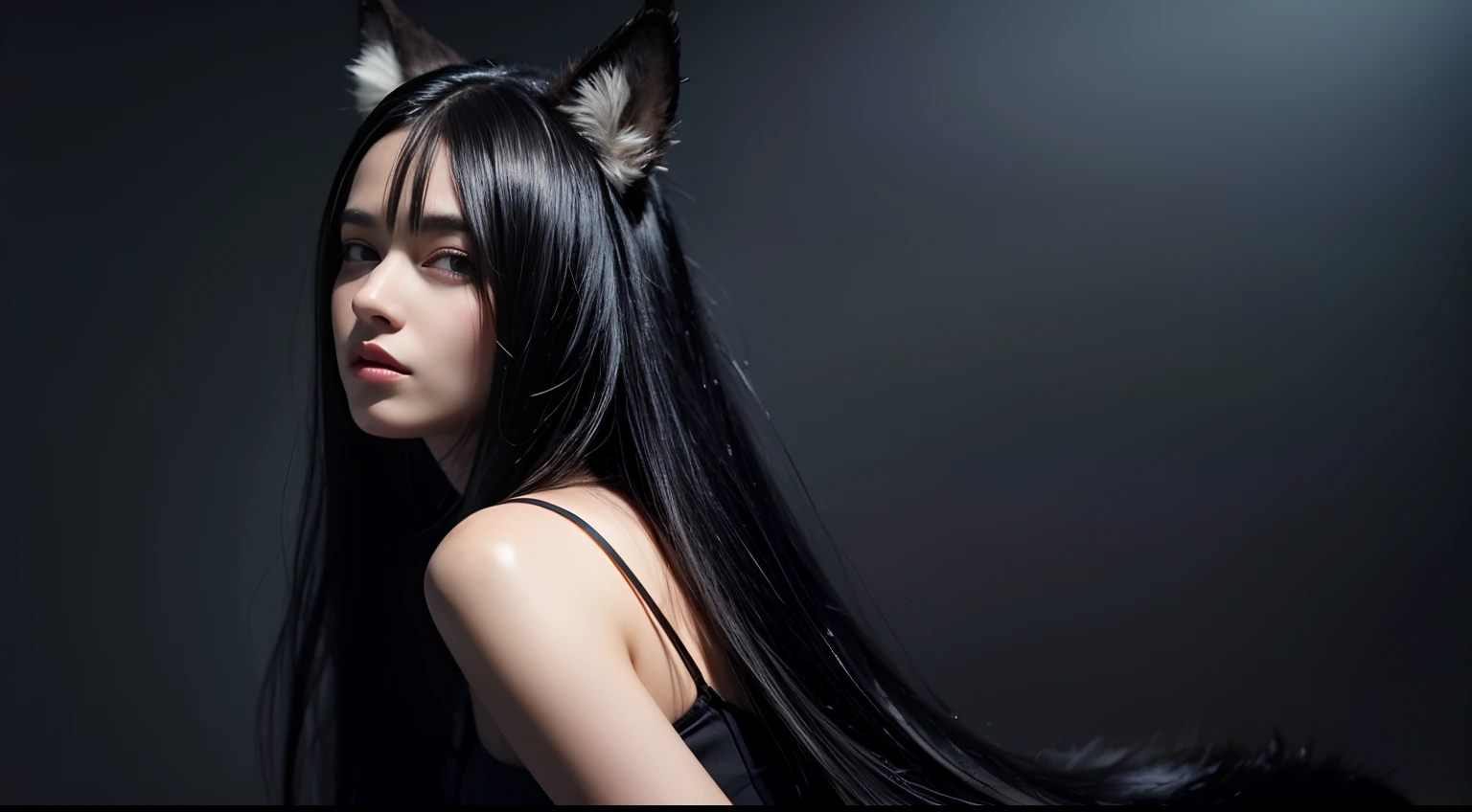 a beautiful age girl, long black hair, large wolf ears, half body portrait