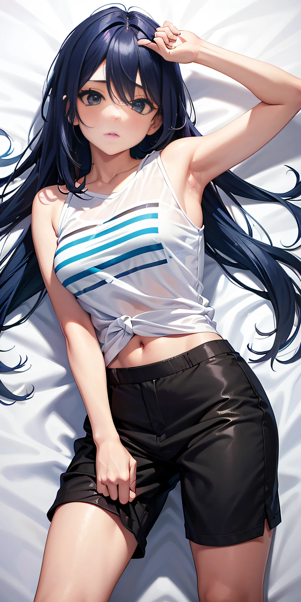 foto retrato de cuerpo entero, beautiful anorexic Asuka Langley, muy flaca en bikini, huesos y costillas visibles, Small flat breasts, very small waist, piernas delgadas, rostro hermoso, vista de perfil de Asuka Langley muy muy flaca, fondo blanco.