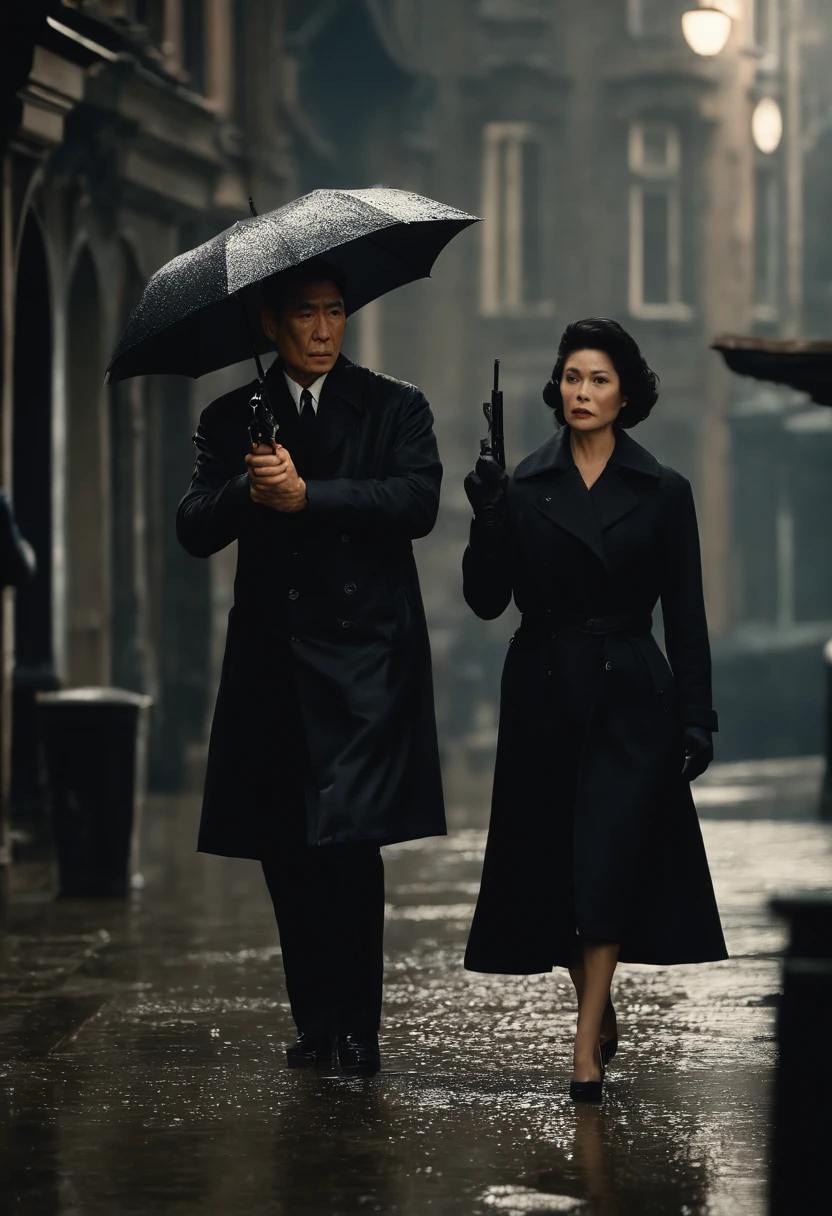 Behind Ken Takakura in a trench coat, A woman of incomparable beauty holds an umbrella on Ken Takakura's back.、Rain Amsterdam、If you look closer, ((A woman threatens a man by pointing a gun at his flank))。Dangerous scene of the main character man、Detailed pistols(Pay attention to the direction of the handgun)、Murder Woman and Righteous Secret Agent、Detailed pistols、Detailed umbrella、Sateen、Sateen、Sateen、Best Scenes from the Movie、((phot、Photorealsitic))、