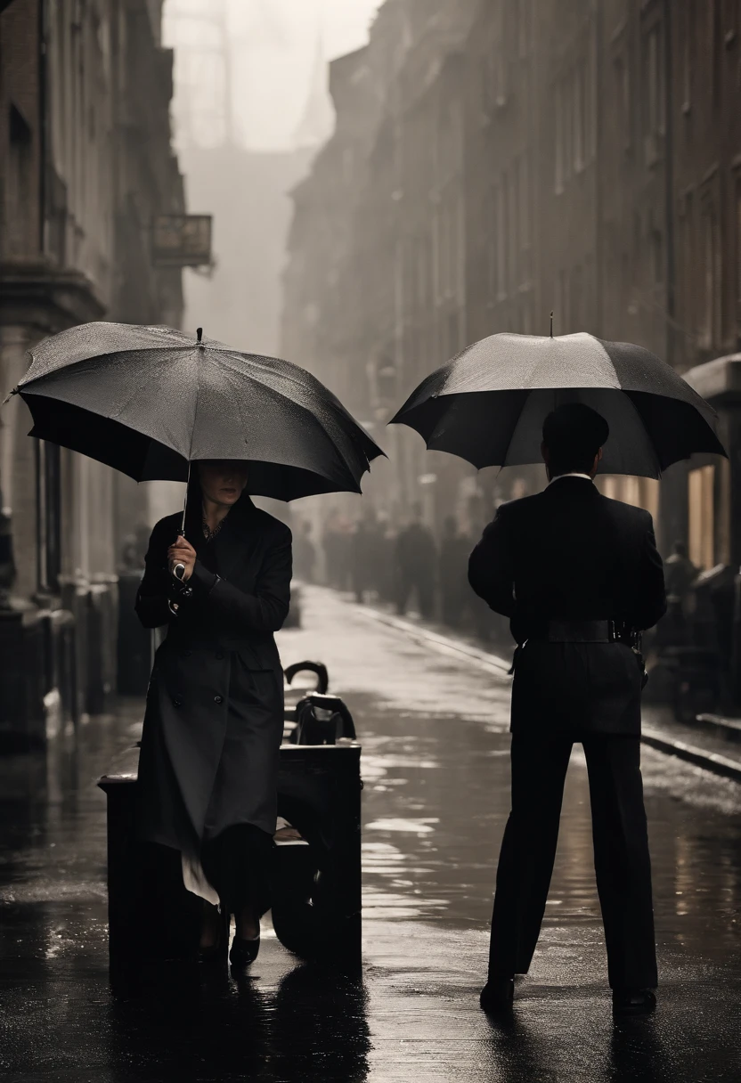 Behind Ken Takakura in a trench coat, A woman of incomparable beauty holds an umbrella on Ken Takakura's back.、Rain Amsterdam、If you look closer, ((A woman threatens a man by pointing a gun at his flank))。Dangerous scene of the main character man、Detailed pistols(Pay attention to the direction of the handgun)、Murder Woman and Righteous Secret Agent、Detailed pistols、Detailed umbrella、Sateen、Sateen、Sateen、Best Scenes from the Movie、((phot、Photorealsitic))、