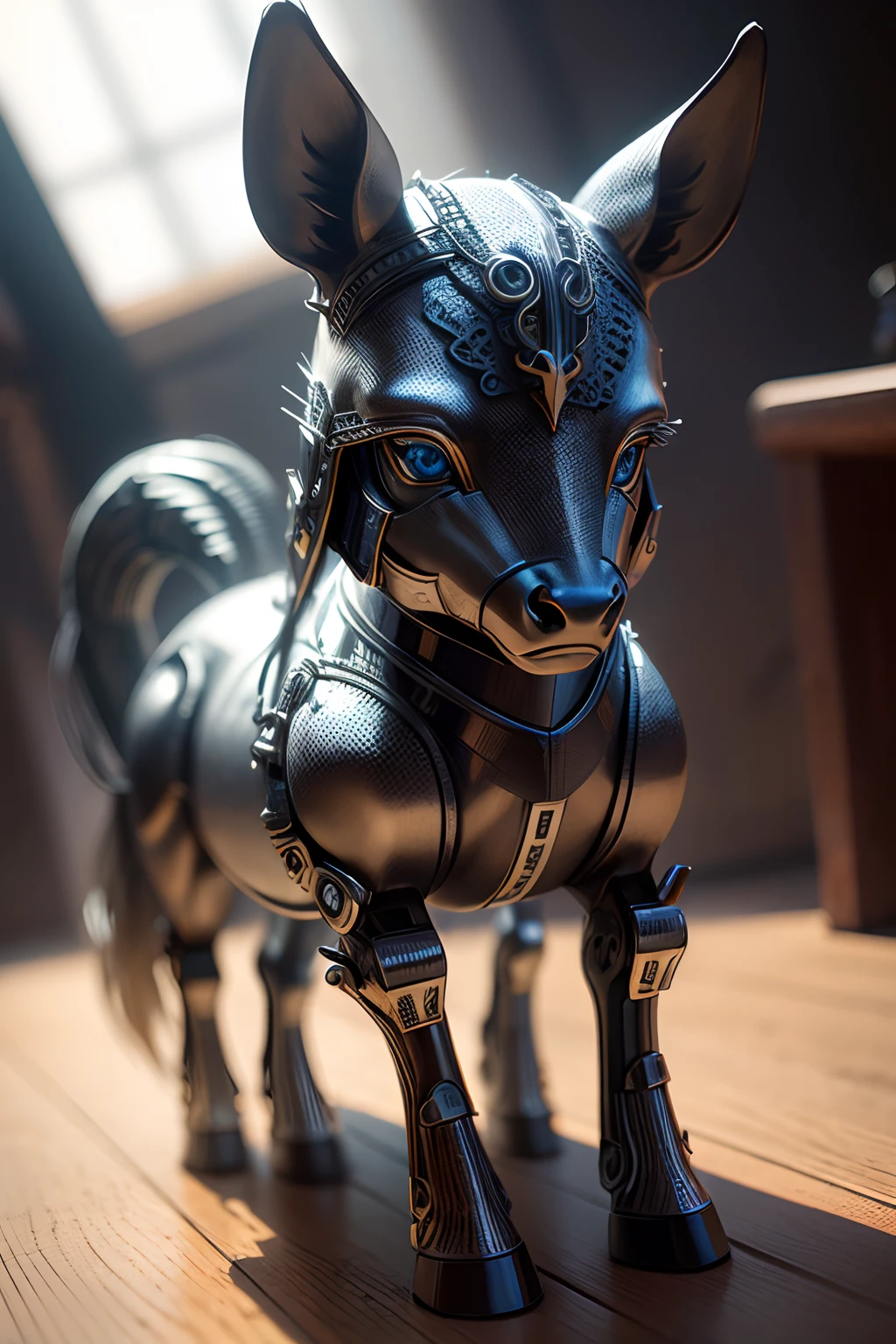 Cute foal made of metal、(cyborgs:1.1)、([tail | Detailed wire]:1.3)、(intricate-detail)、hdr、(intricate-detail、ultra-detailliert:1.2)、Cinematic Shots、vignettes、central、Look at the front