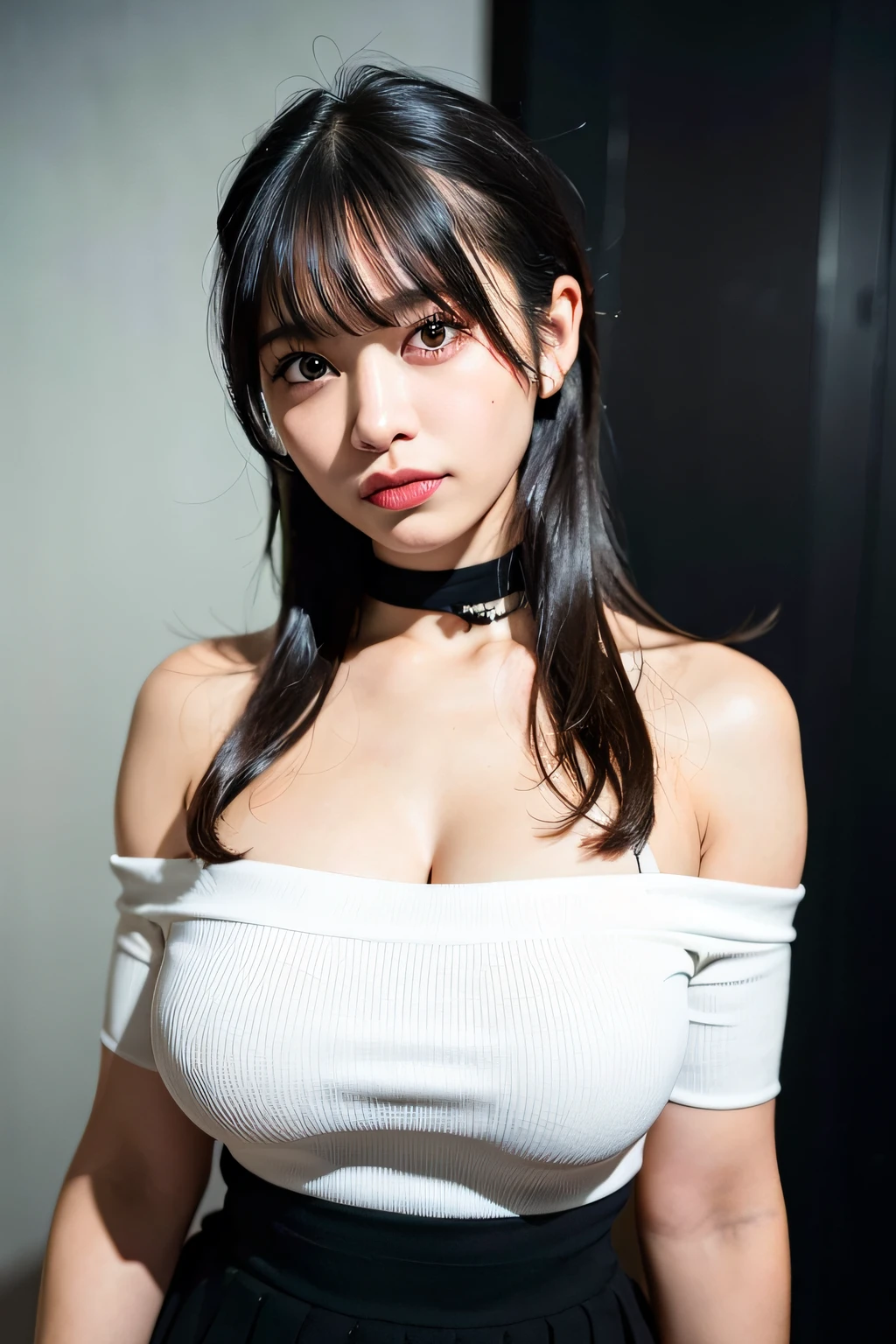 best quality, ultra high res, (photorealistic:1.4), 1girl, off-shoulder white shirt, black tight skirt, black choker, (faded ash gray hair:1), (huge breasts:1.2), looking at viewer, closeup ,