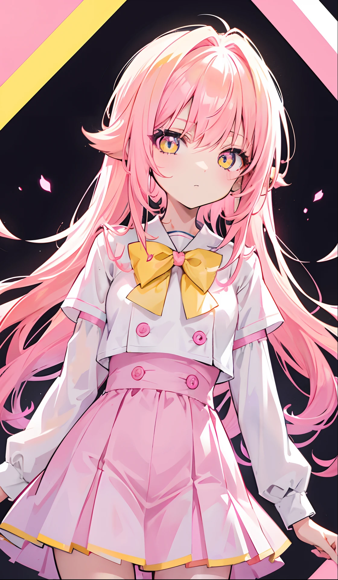 Glowing light pink yellow with hair and pupils,They are also fluorescent,A school uniform in a glowing pink, yellow and white color,Very tender and shiny face,It also fluoresces,The whole is shining,It's a sweet loli girl