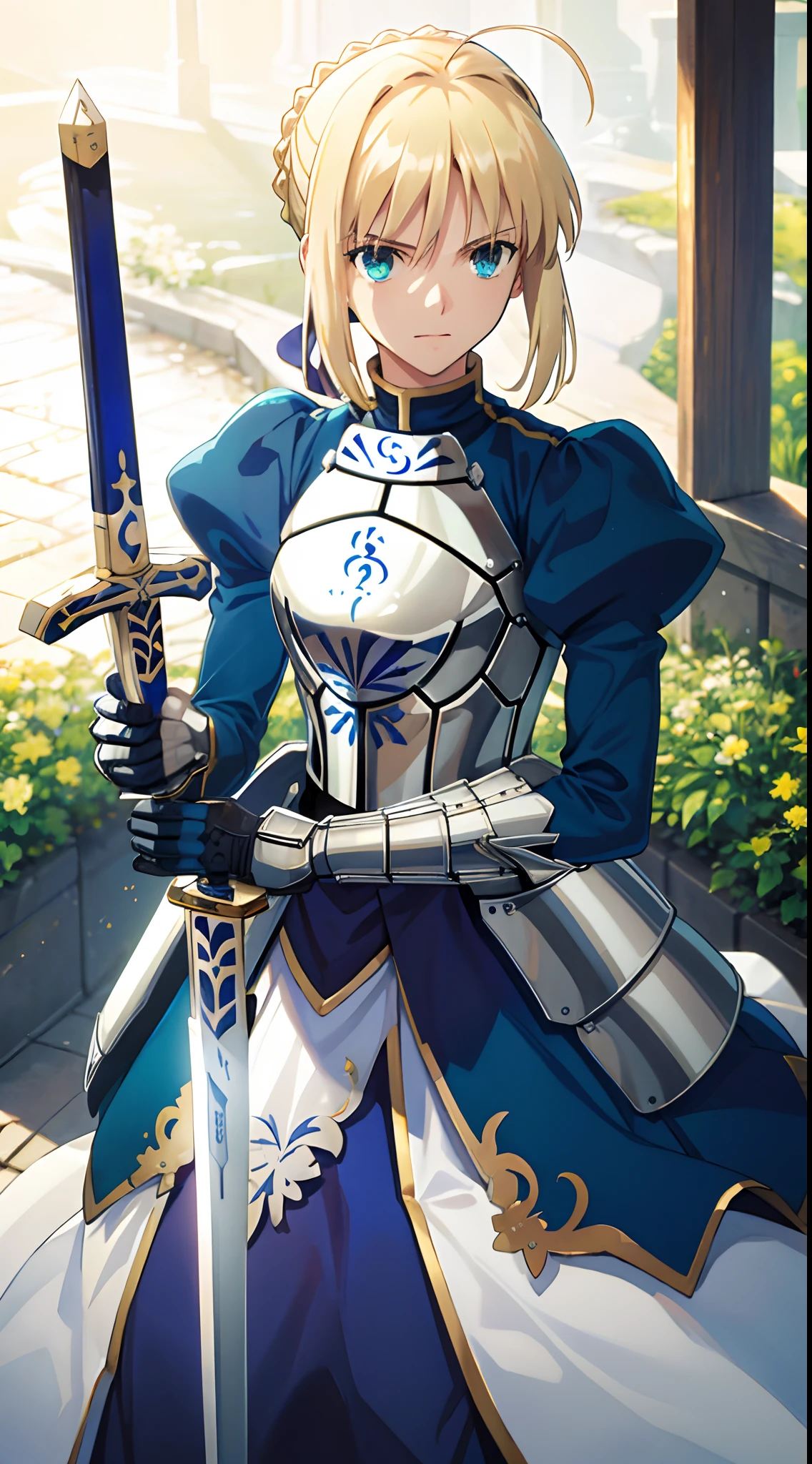 (masterpiece:1.4), (best quality:1.4), realistic, 1girl, artoria pendragon \(fate\), armor, (excalibur \(fate/stay night\), sword, holding sword:1.1)